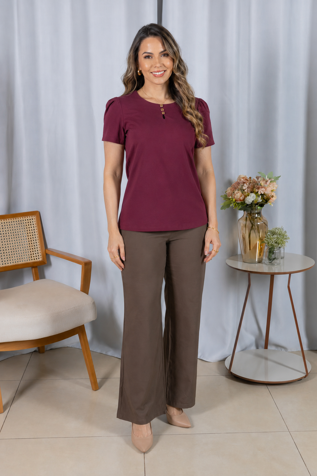 Blusa Visco Linen com Botões Chloe Marsala