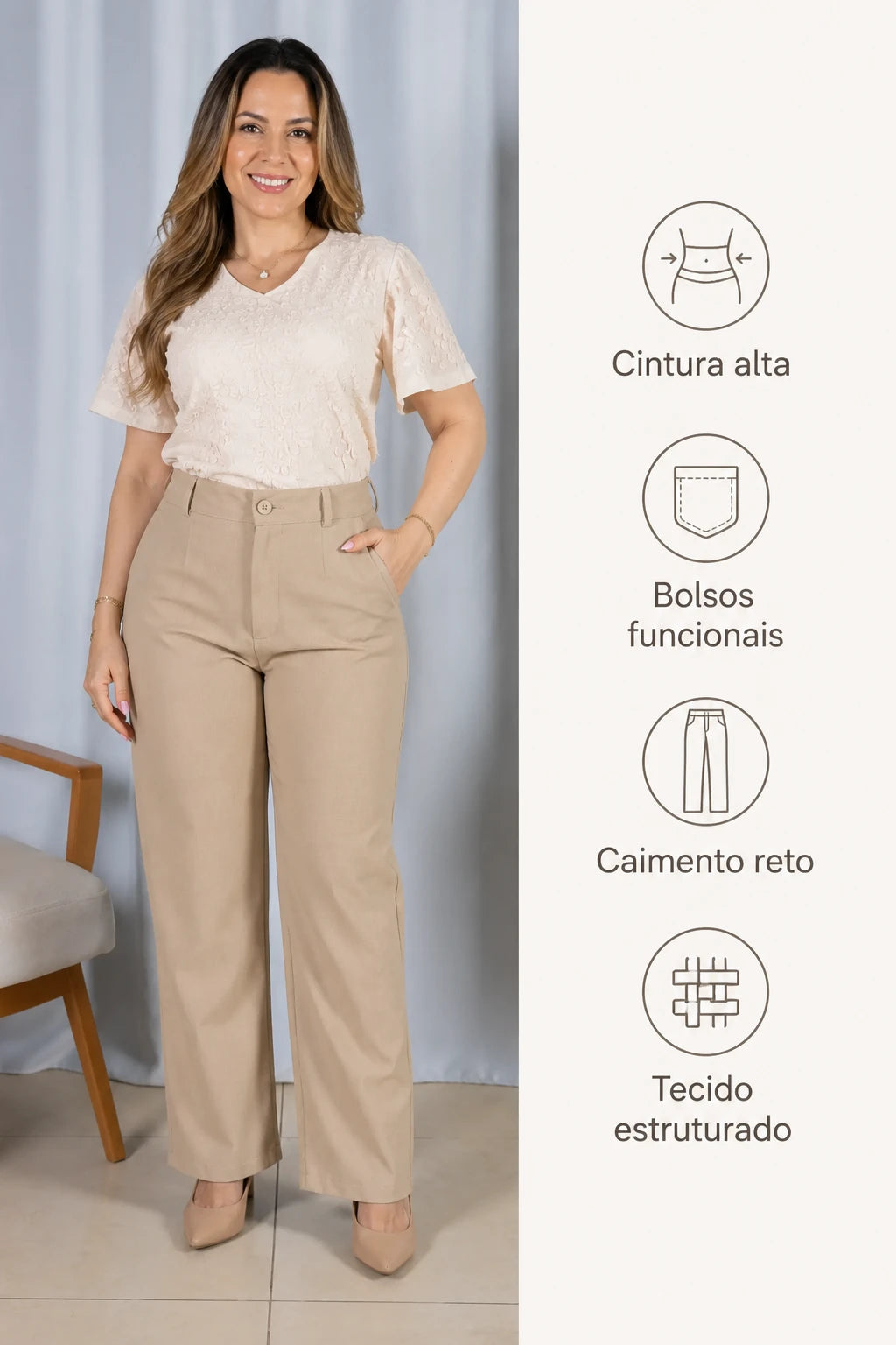 Calça Alfaiataria Corte Reto Cleo Caqui