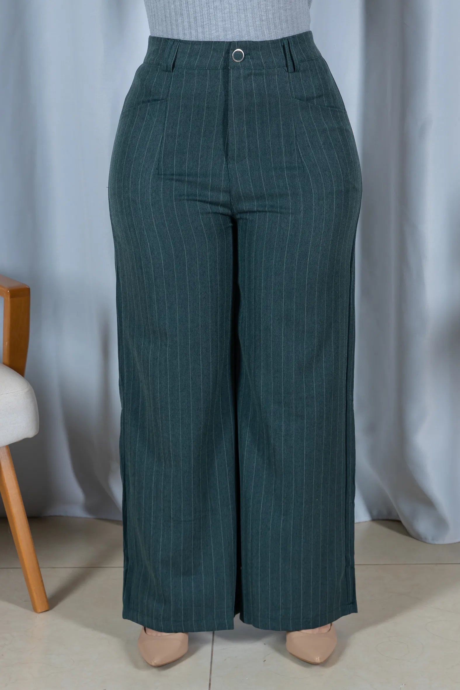 Calça Reta Elegante Risca de Giz Luara Verde Petróleo
