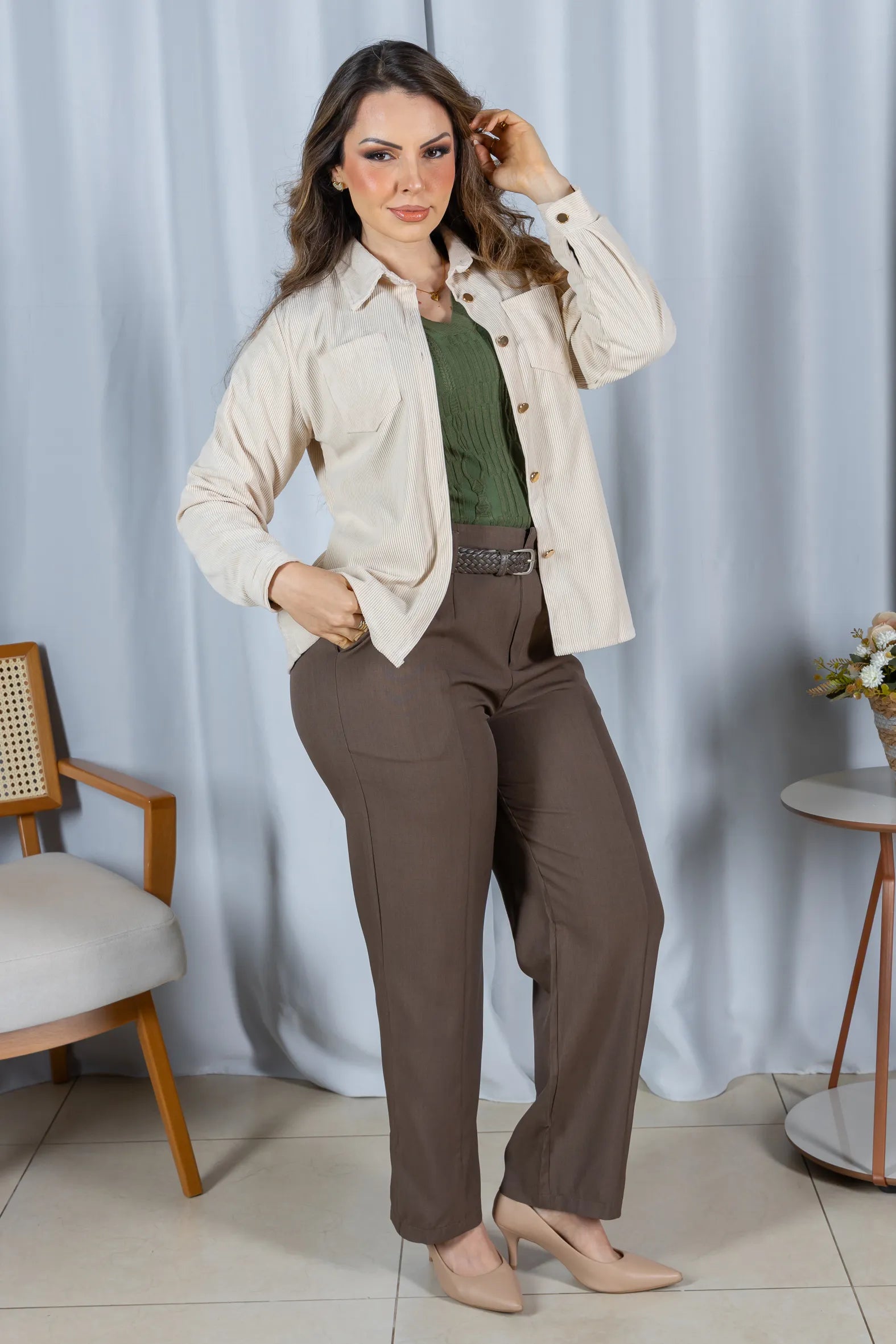 Camisa Cotelê com Bolsos Zoey Creme
