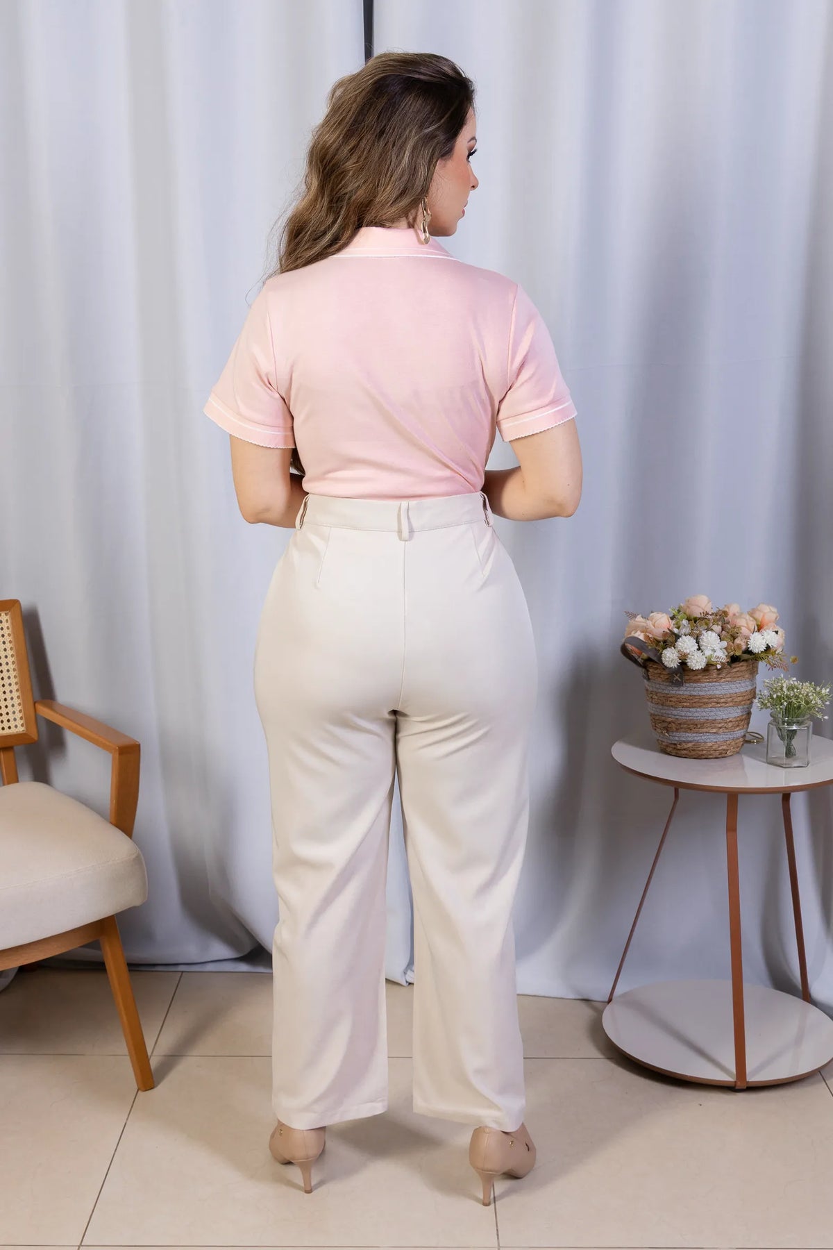 Blusa Manga Curta em Cotton Lycra com Gola Camisa Ilana Rosa