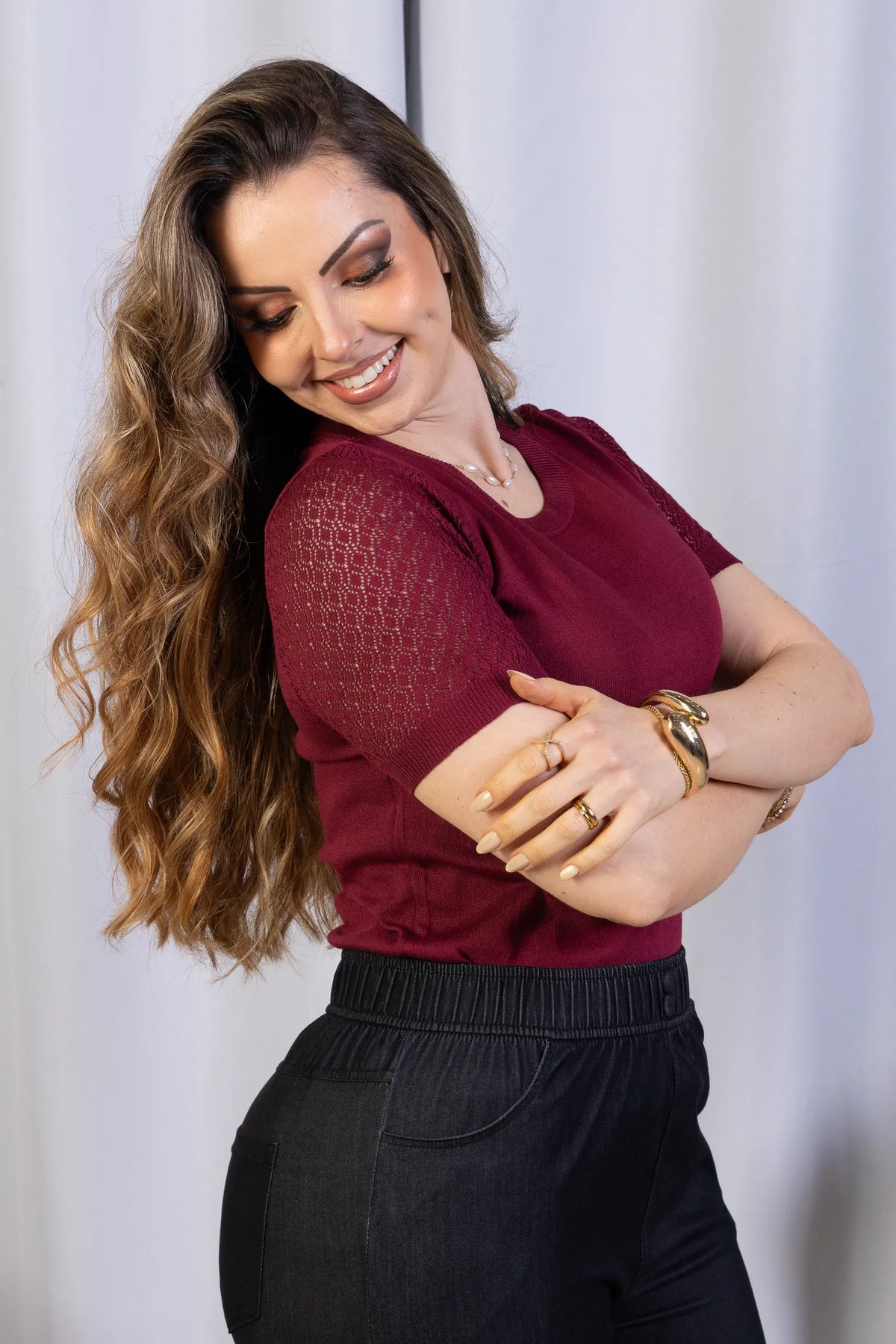 Blusa Manga Curta Modal Renda Efeito Crochê Jordana Marsala