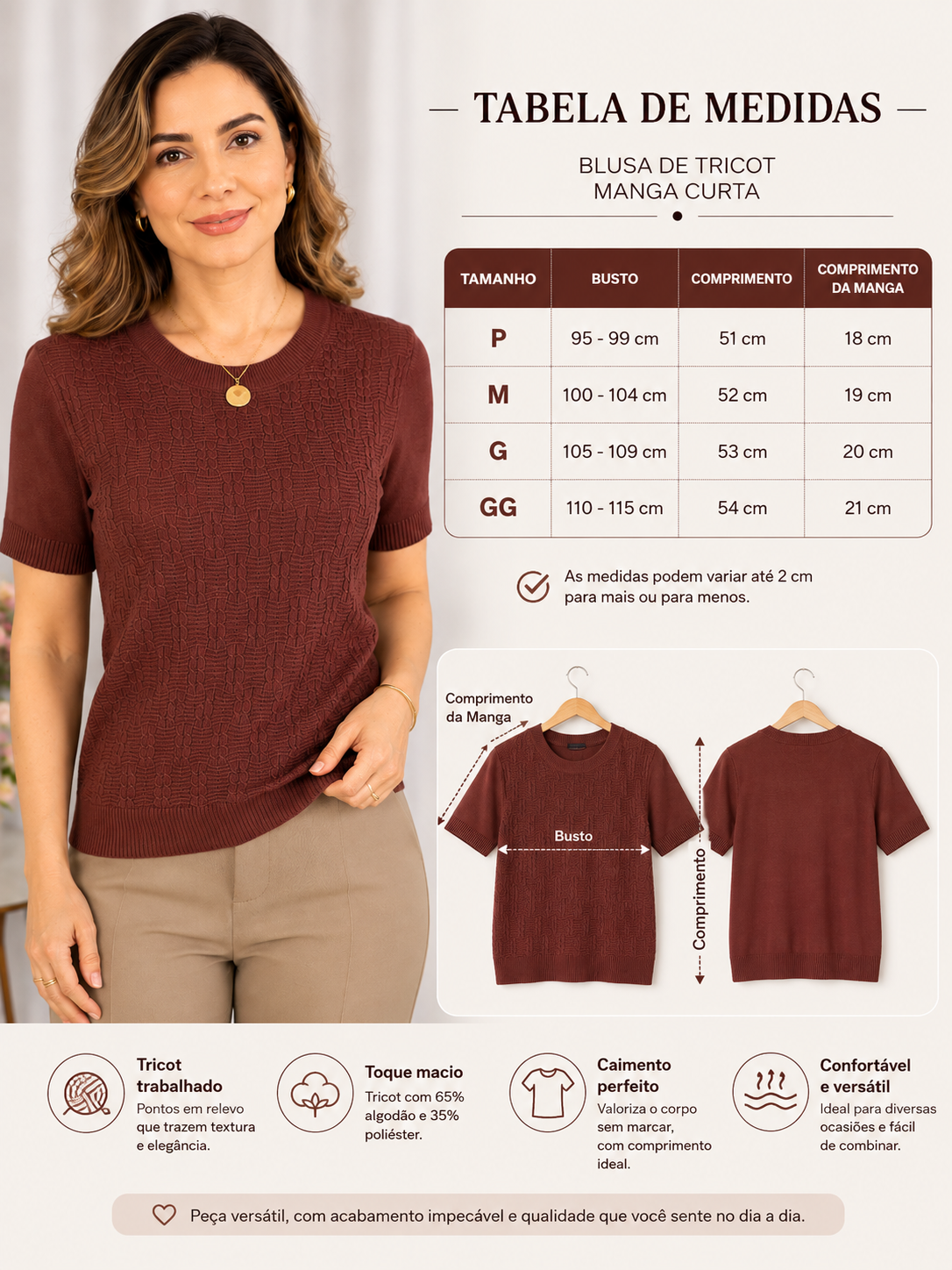 Blusa Manga Curta em Modal Texturizado Ariana Marrom - tabela de medidas