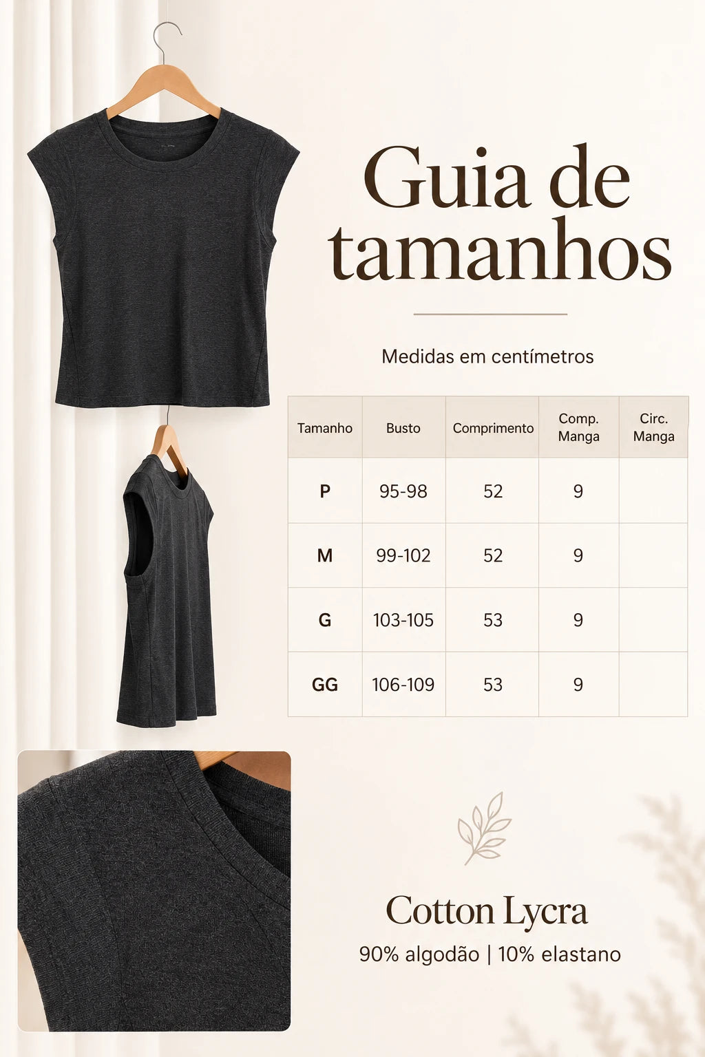 Blusa Confortável com Manga Muscle Ariela Grafite - tabela de medidas