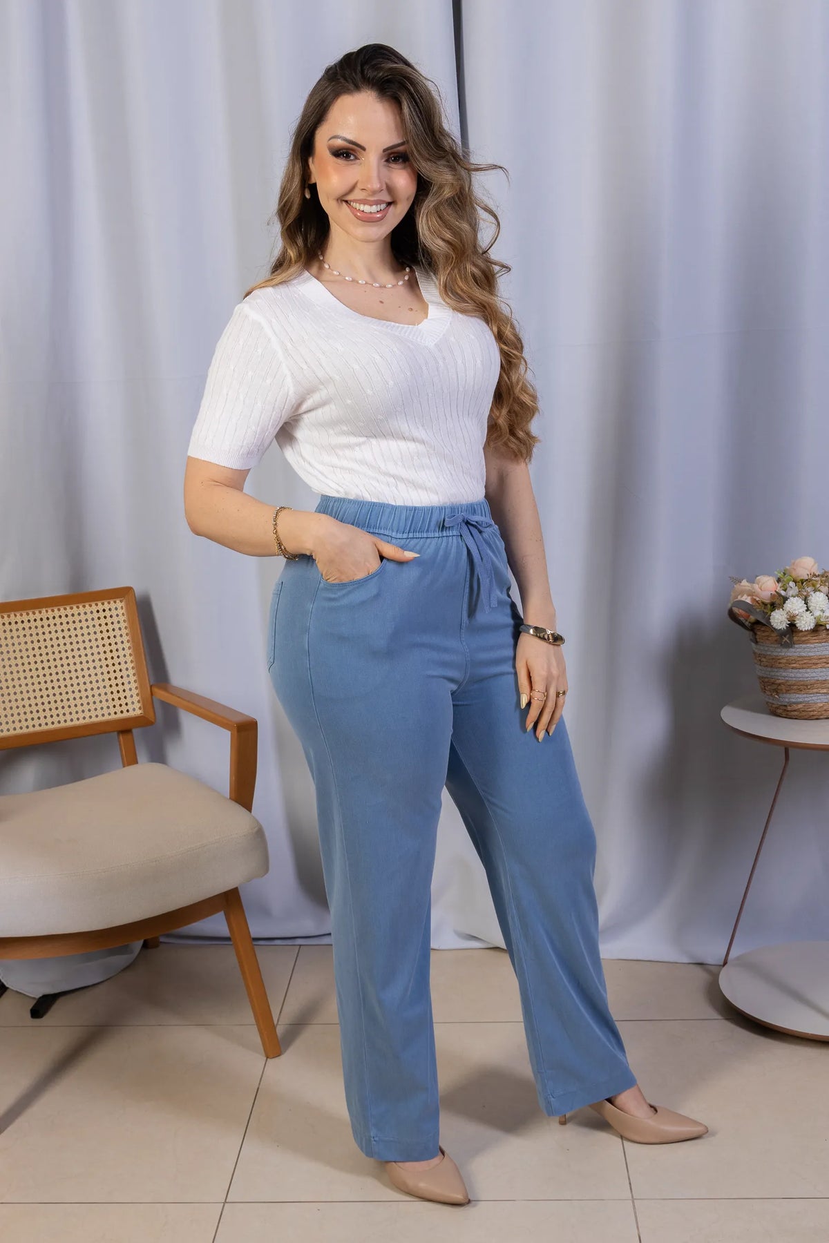 Blusa Manga Curta Decote V Modal Laiane Branca