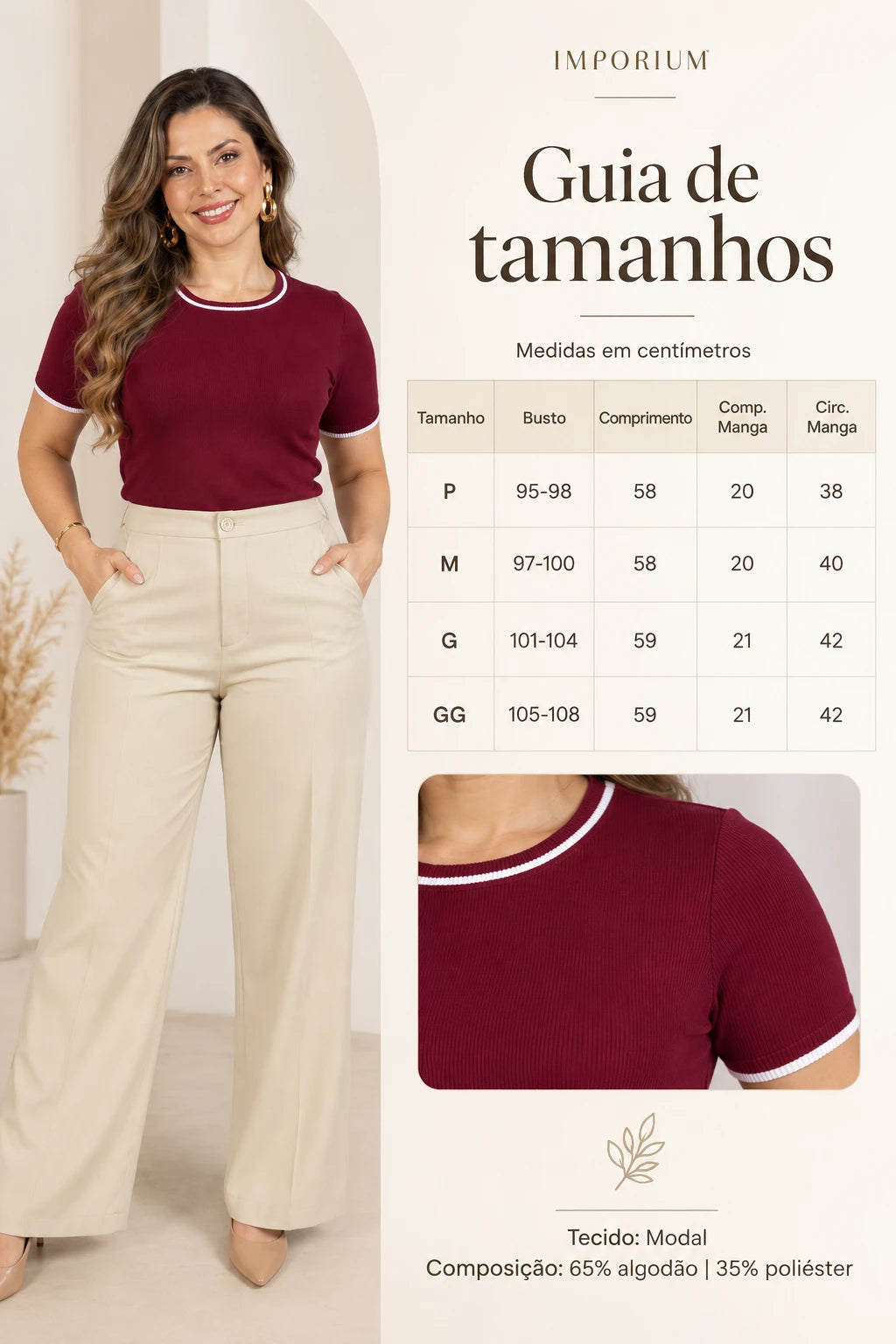 Blusa Confortável com Acabamento Contrastantes Janaína Marsala - tabela de medidas
