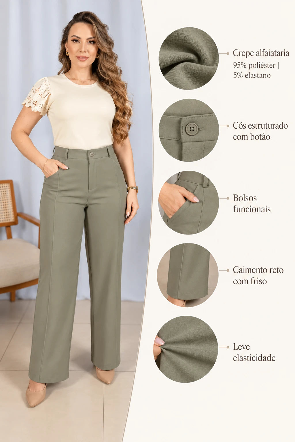 Calça Alfaiataria Corte Reto Friso Joyce Verde - benefícios