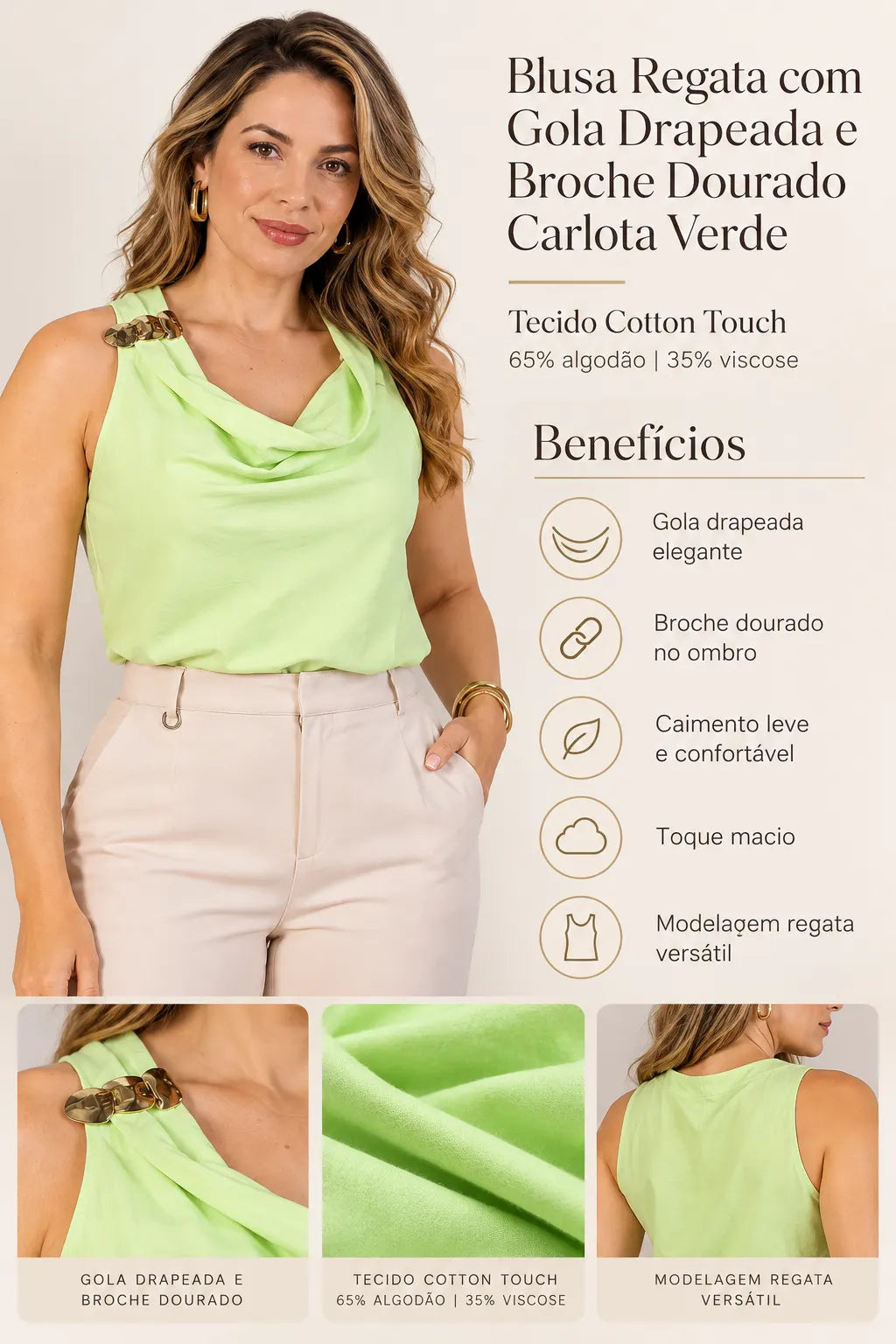 Blusa Regata com Gola Drapeada e Broche Dourado Carlota Verde