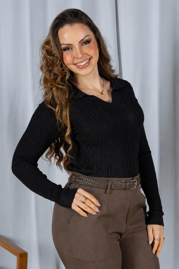 Tricot Modal Leve Decote V Stella Preto