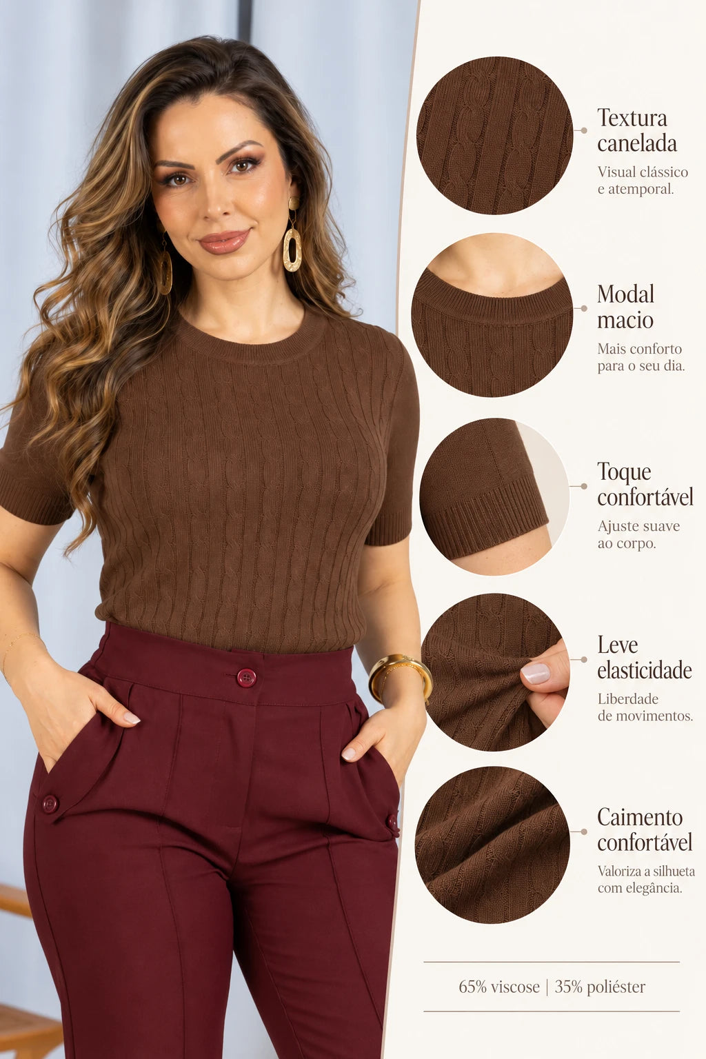 Blusa Manga Curta em Modal Canelado Tatiane Marrom - costas