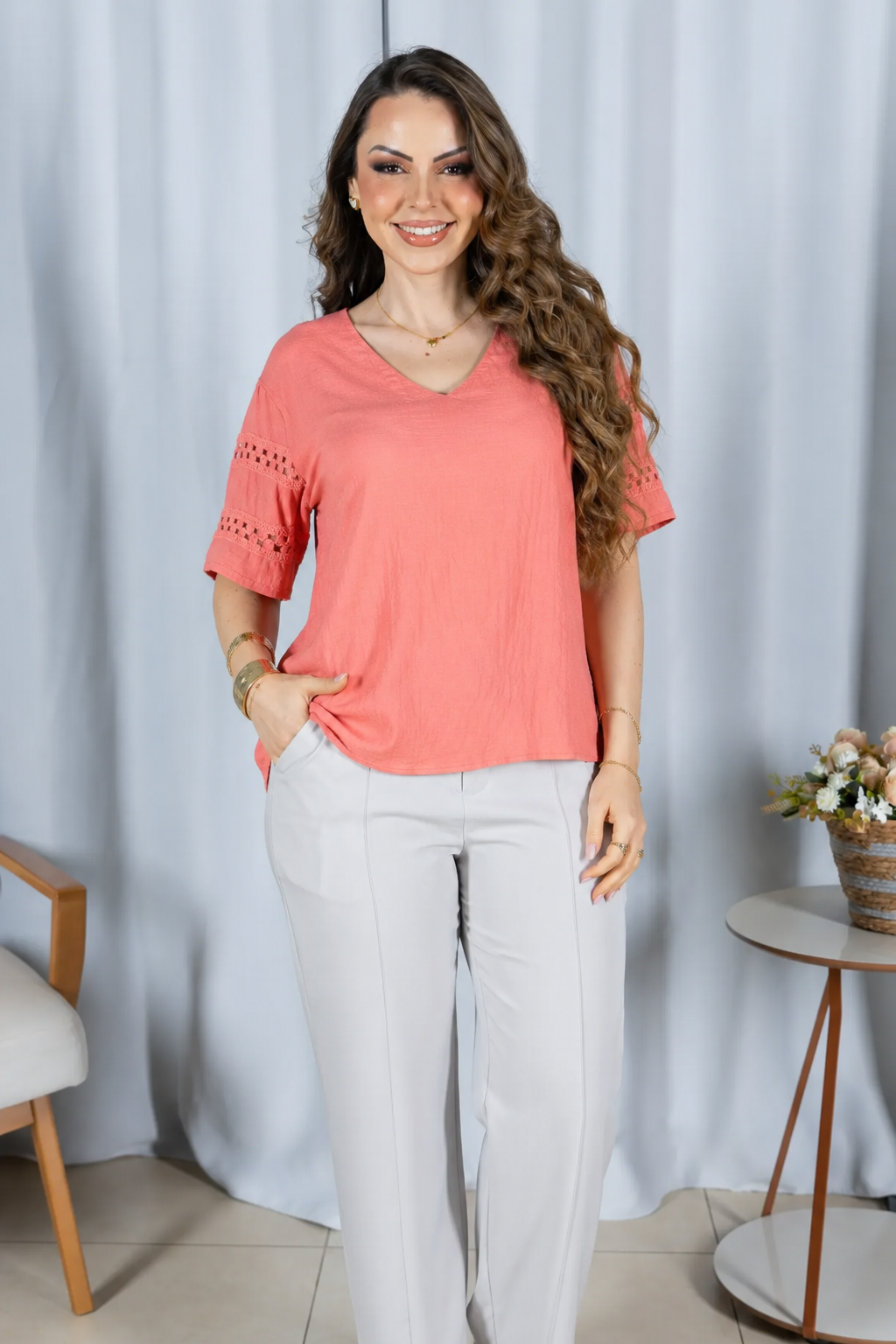 Blusa Cotton Air Decote "V" Lívia Rosa