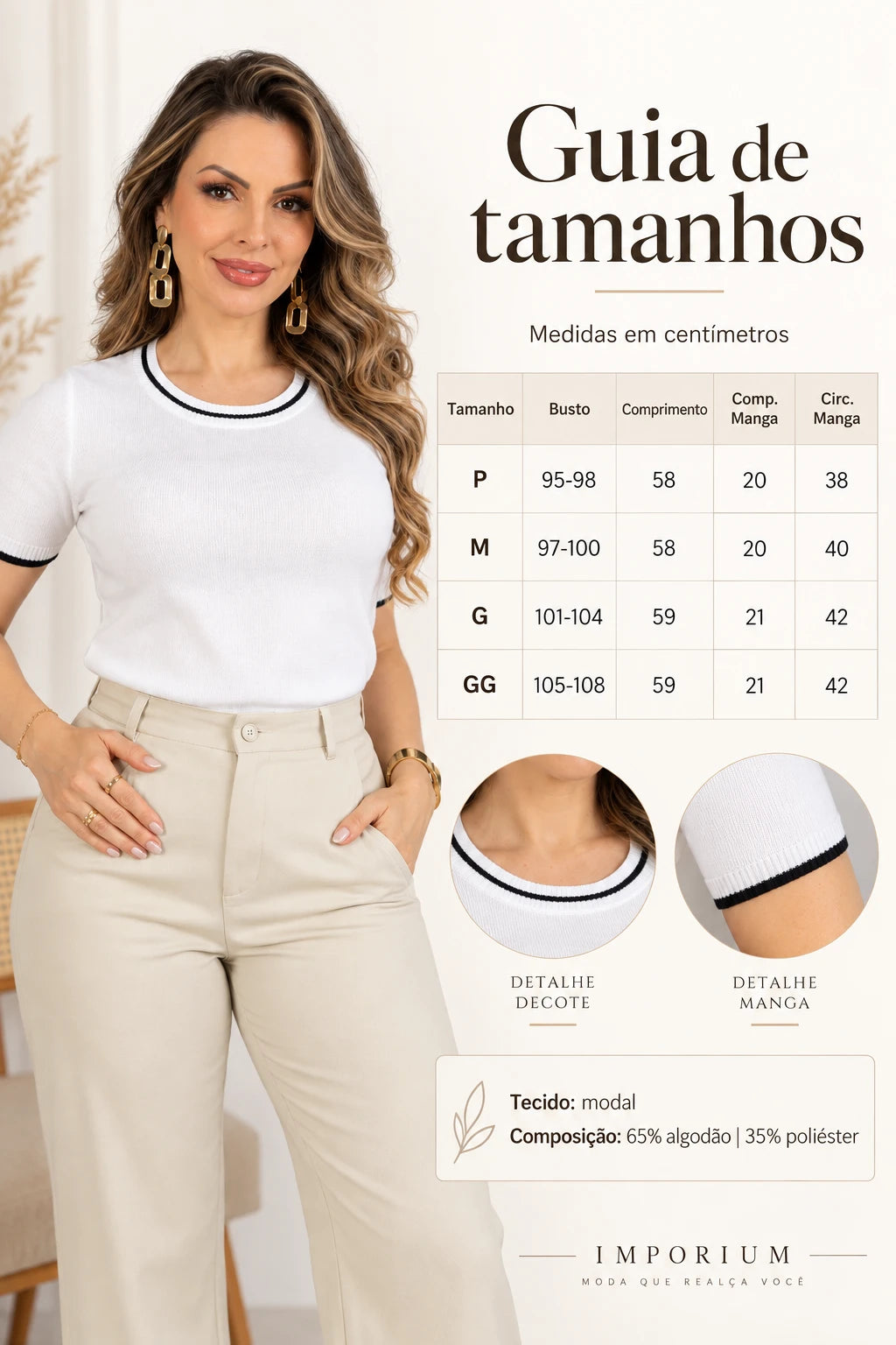 Blusa Confortável com Acabamento Contrastantes Janaína Branca - tabela de medidas