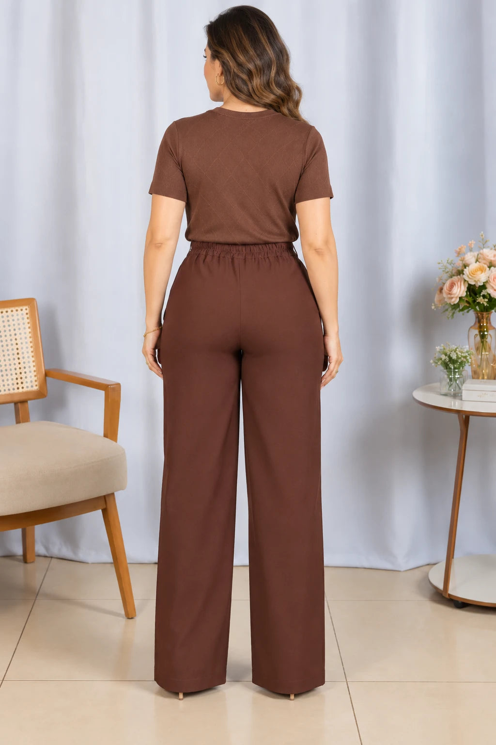 Calça Pantalona Confortável Cós com Elástico Simone Marrom - adicional 2