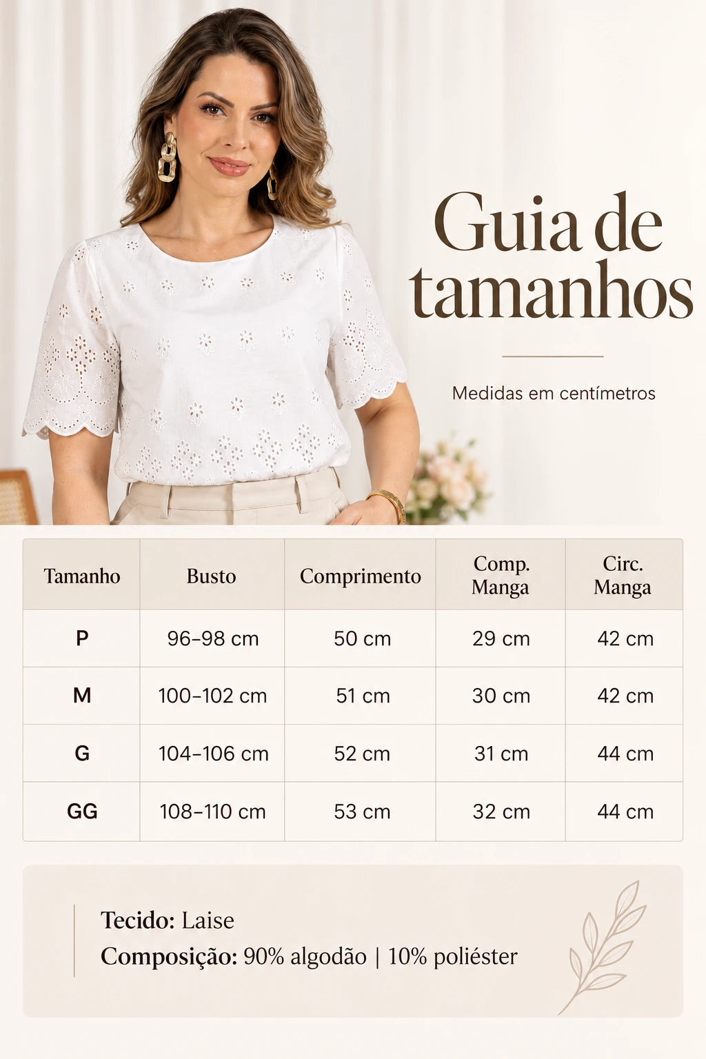 Blusa em Laise Leve e Delicada Clarissa Branca - tabela de medidas