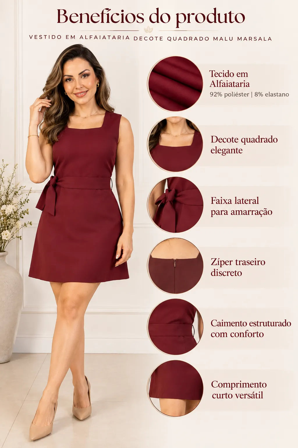 Vestido em Alfaiataria Decote Quadrado Malu Marsala
