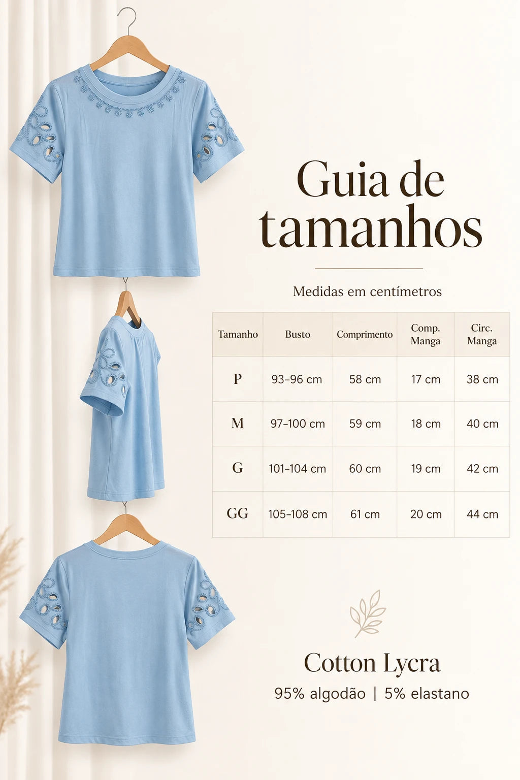 Blusa Confortável em Cotton Lycra com Manga Vazada Paula Azul - detalhe