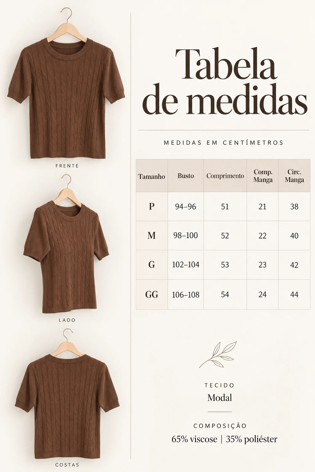 Blusa Manga Curta em Modal Canelado Tatiane Marrom - tabela de medidas