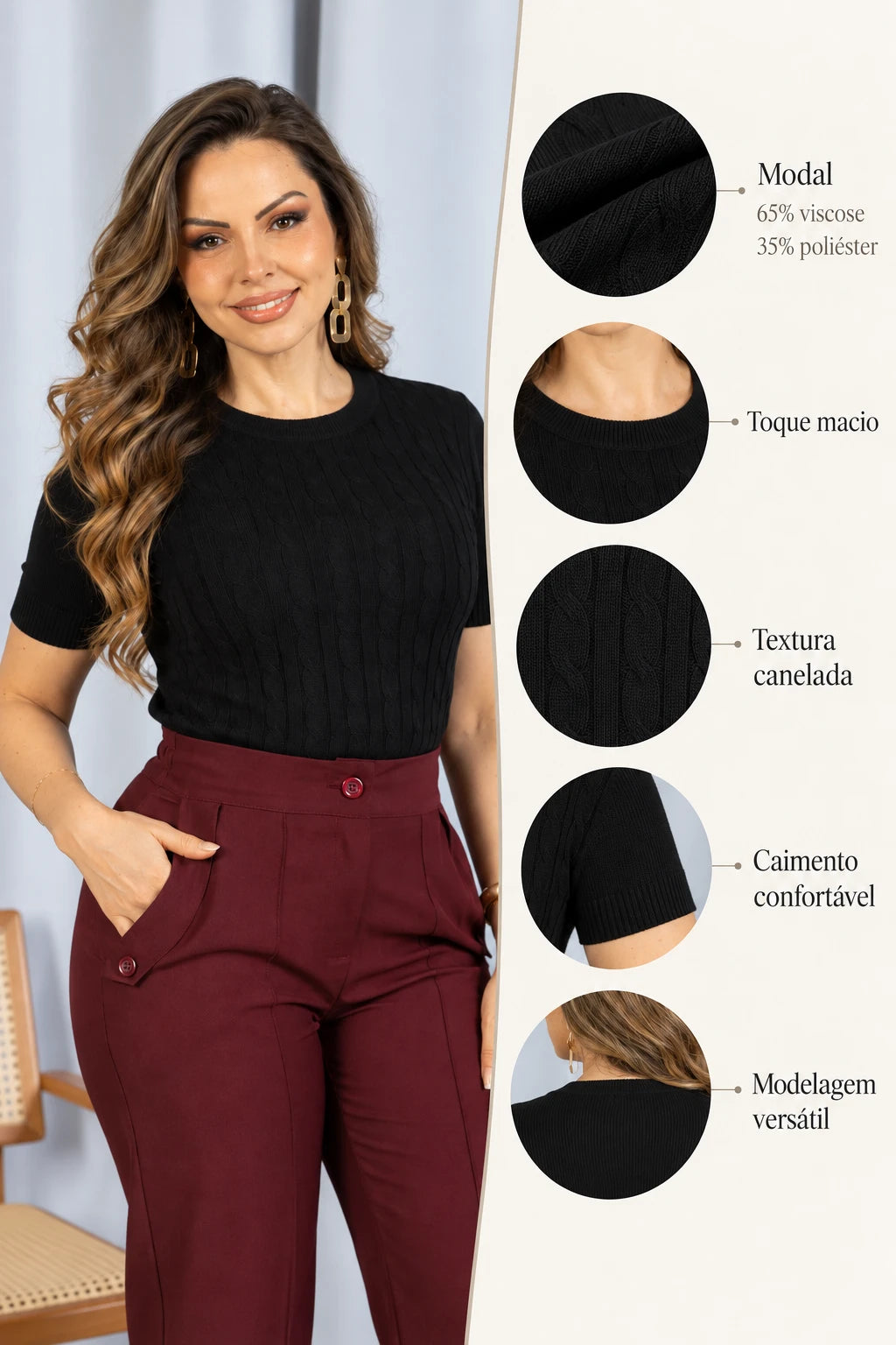 Blusa Manga Curta em Modal Canelado Tatiane Preta - adicional 5