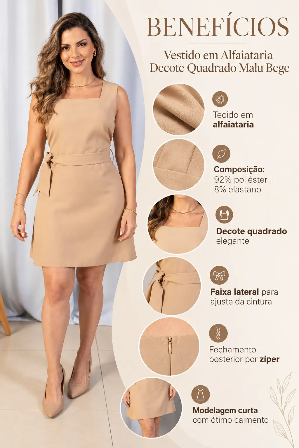 Vestido em Alfaiataria Decote Quadrado Malu Bege