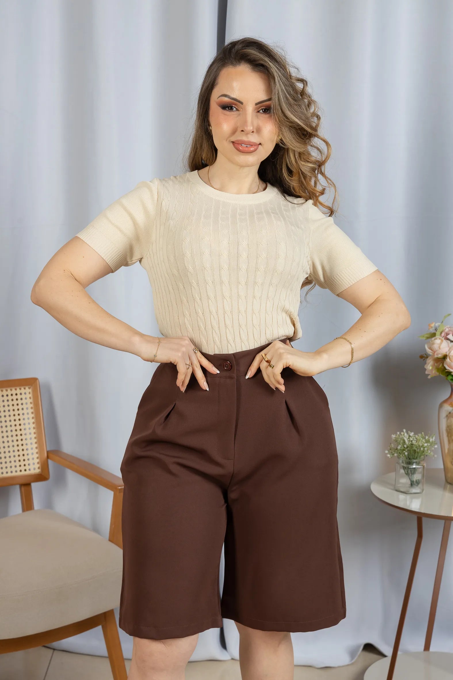 Blusa Manga Curta em Modal Canelado Tatiane Creme - adicional 2