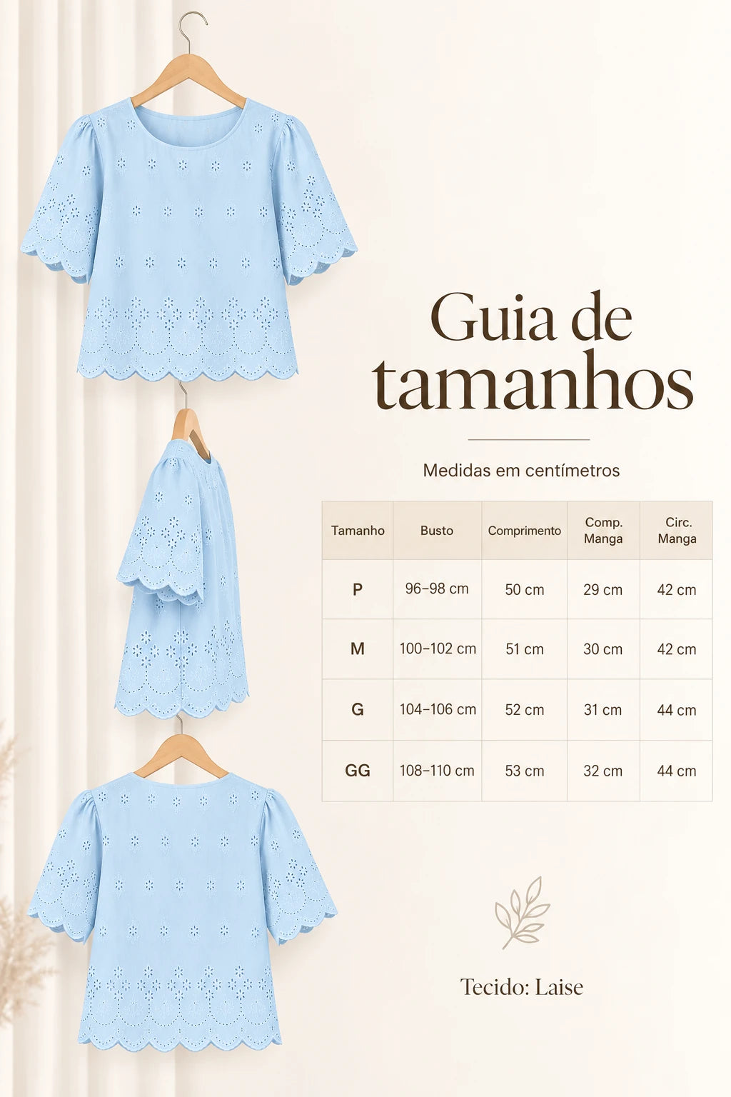 Blusa em Laise Leve e Delicada Clarissa Azul - tabela de medidas