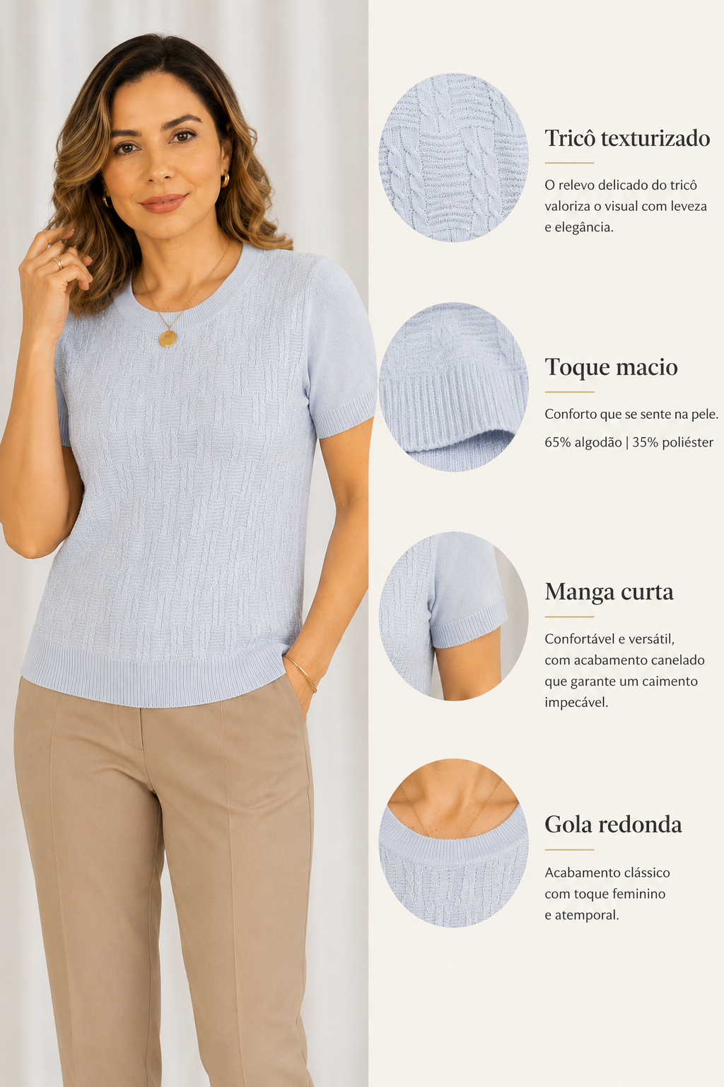Blusa Manga Curta em Modal Texturizado Ariana Azul - adicional 4