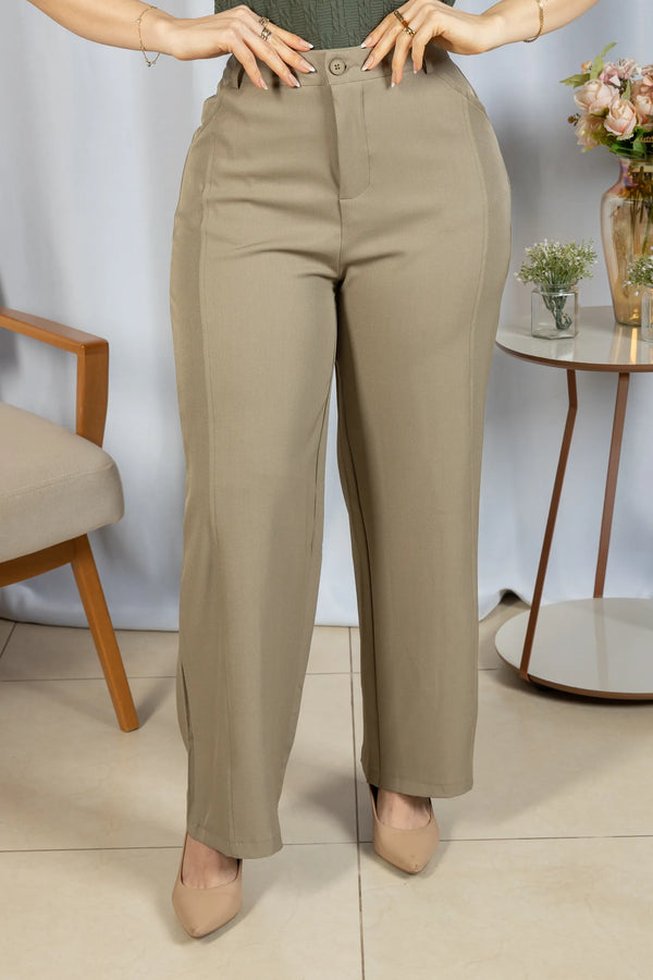 Calça Alfaiataria Corte Reto Friso Joyce Bege - frente