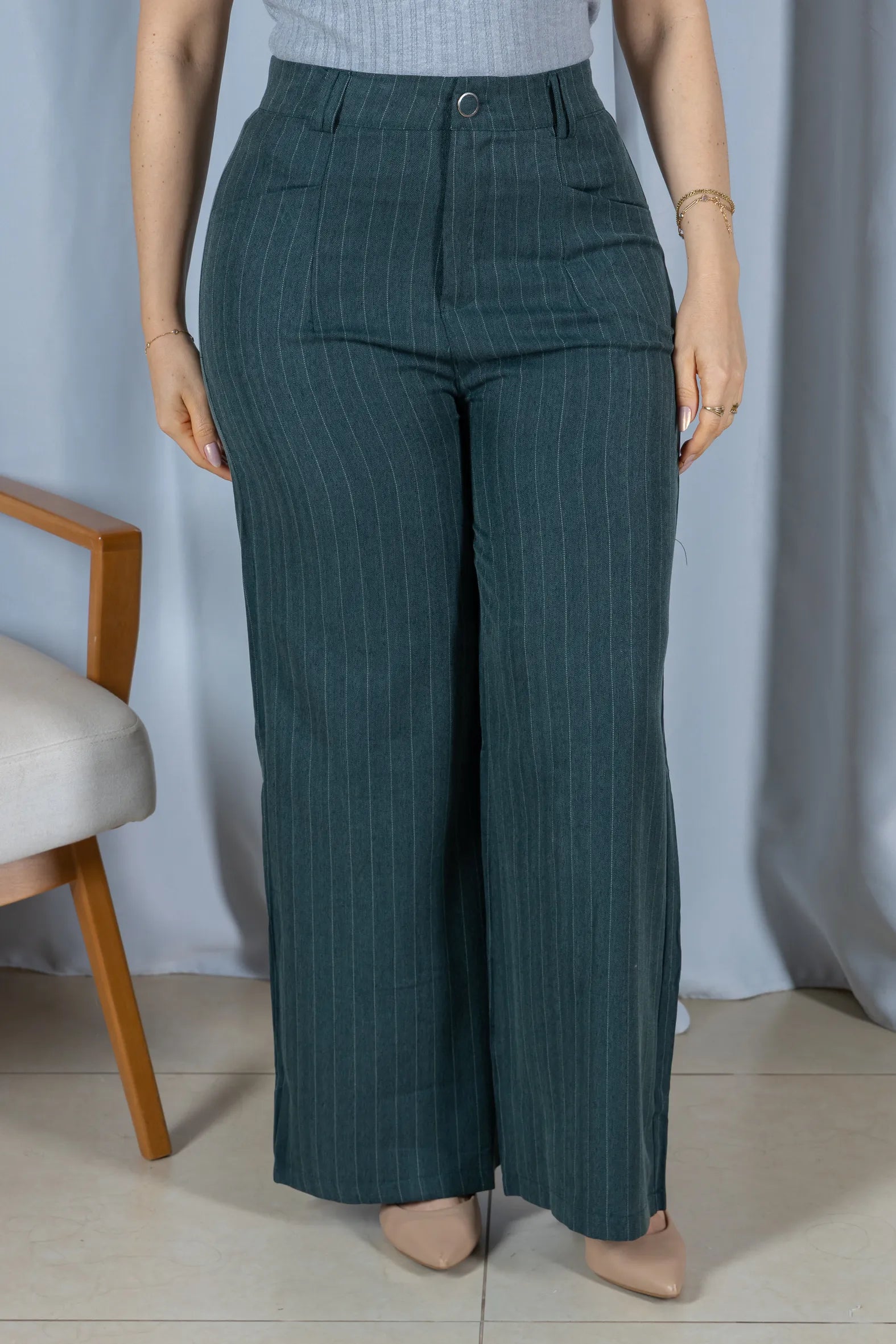 Calça Reta Elegante Risca de Giz Luara Verde Petróleo