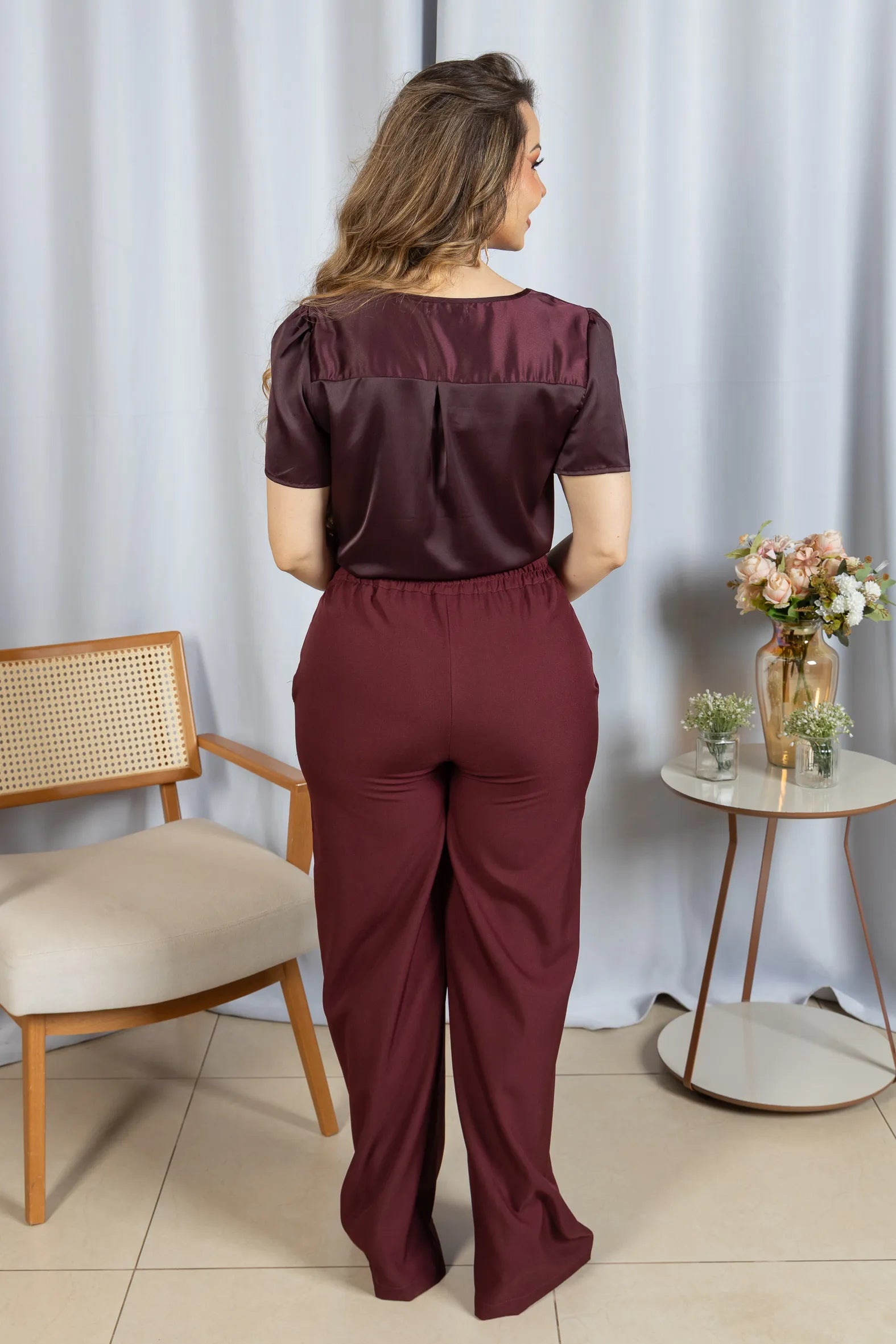 Calça Pantalona Confortável Cós com Elástico Simone Marsala - adicional 6