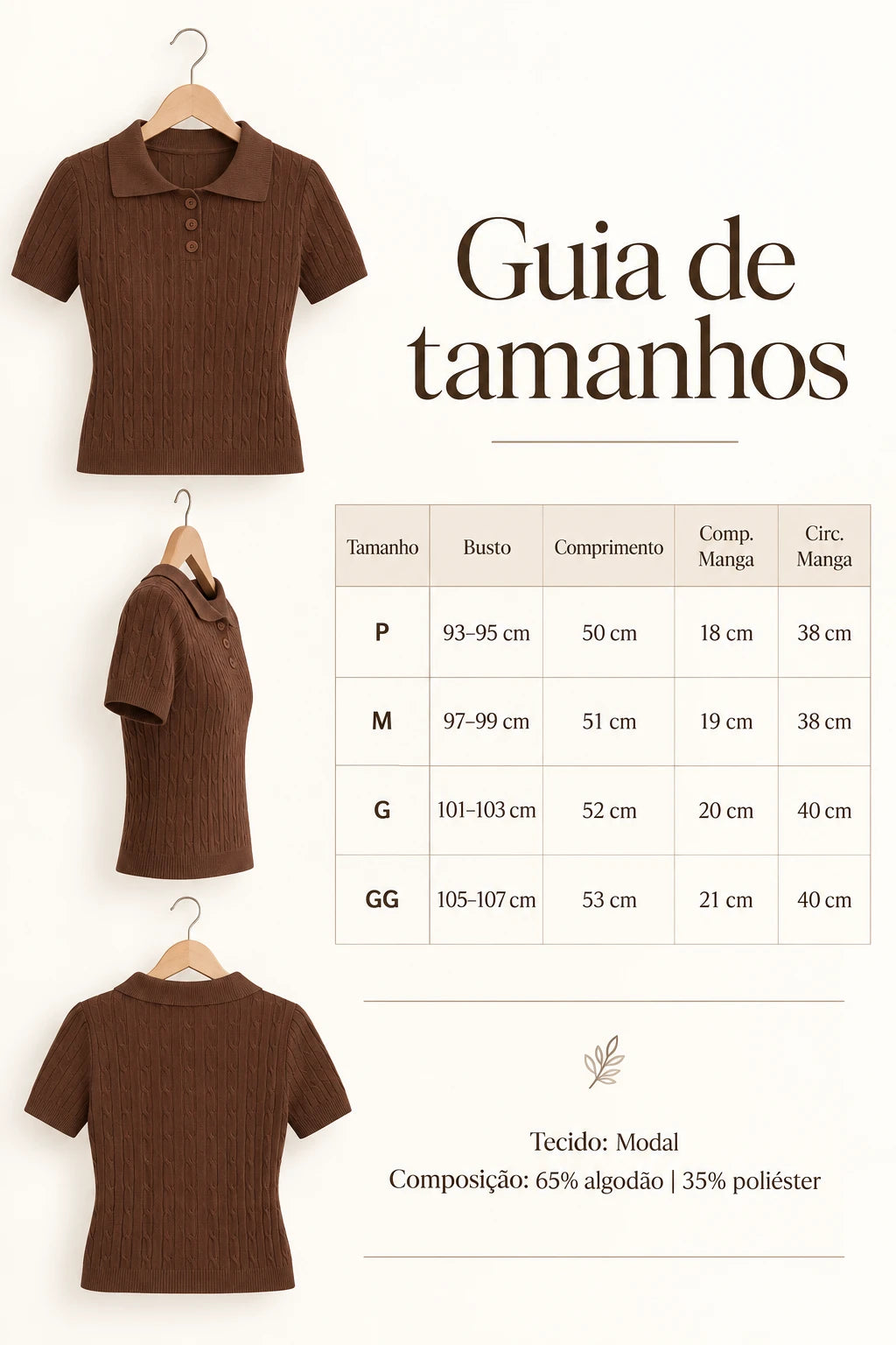 Blusa Modal Macia com Botões Juliete Marrom - tabela de medidas