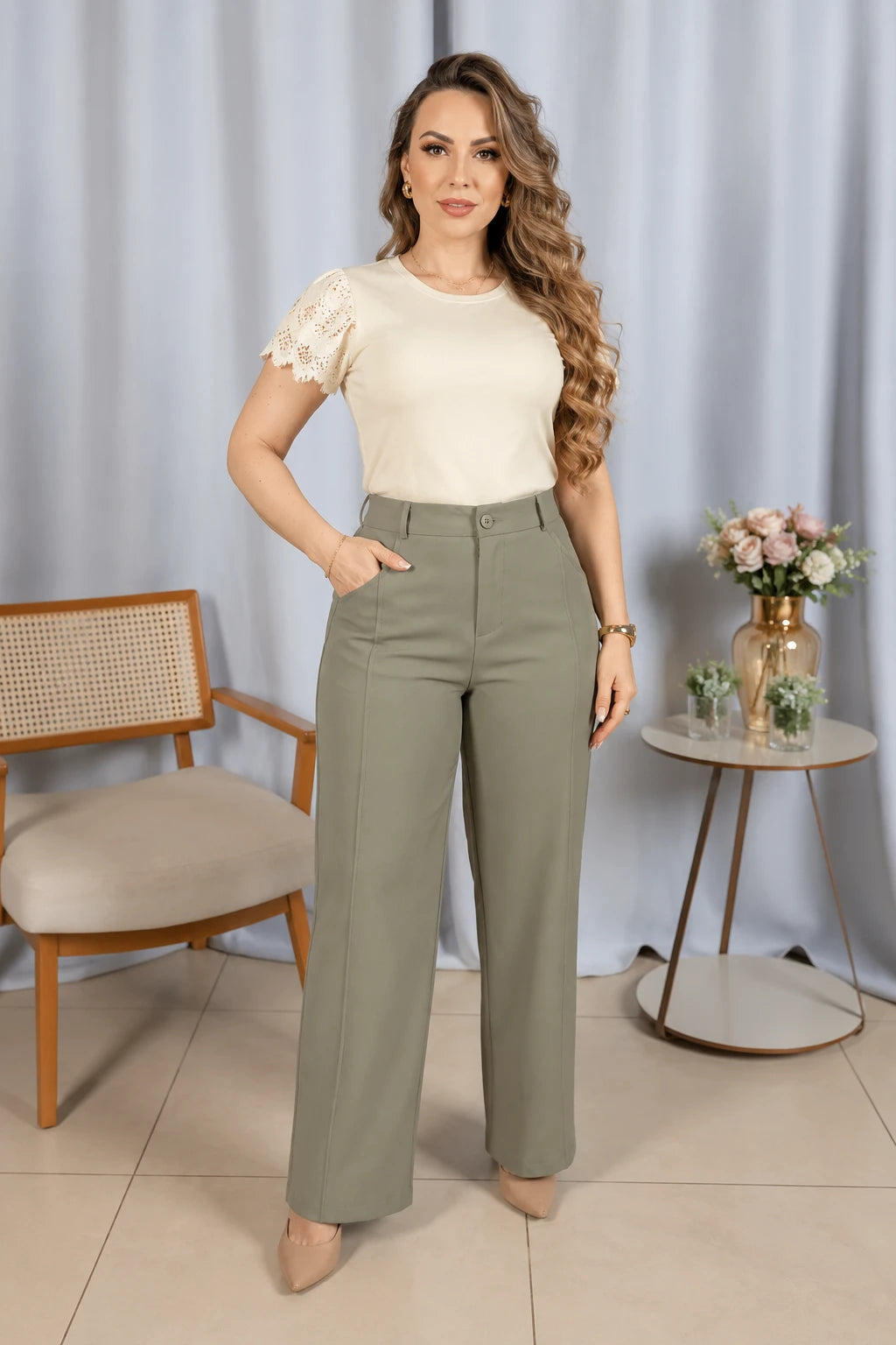 Calça Alfaiataria Corte Reto Friso Joyce Verde - adicional 4