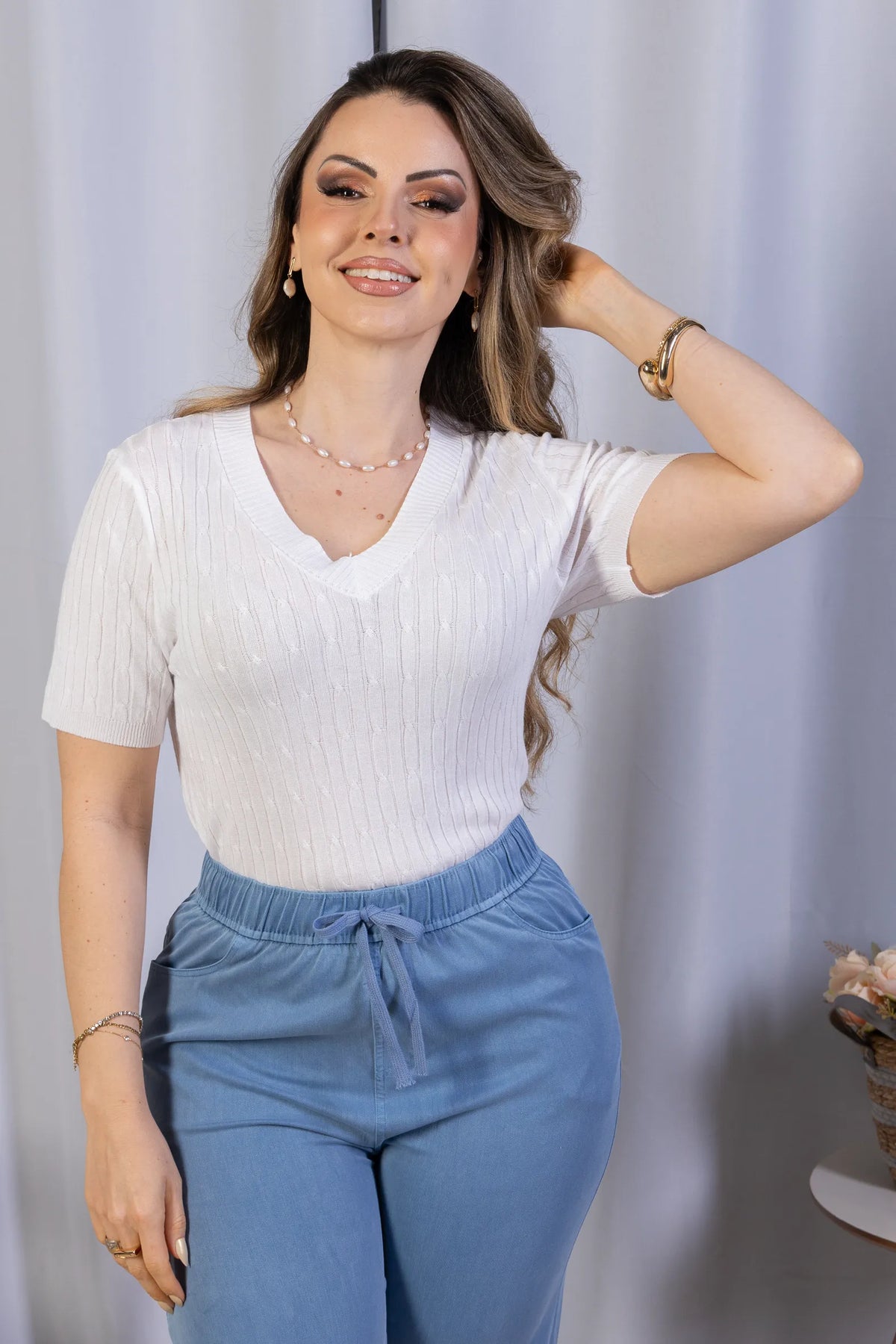 Blusa Manga Curta Decote V Modal Laiane Branca