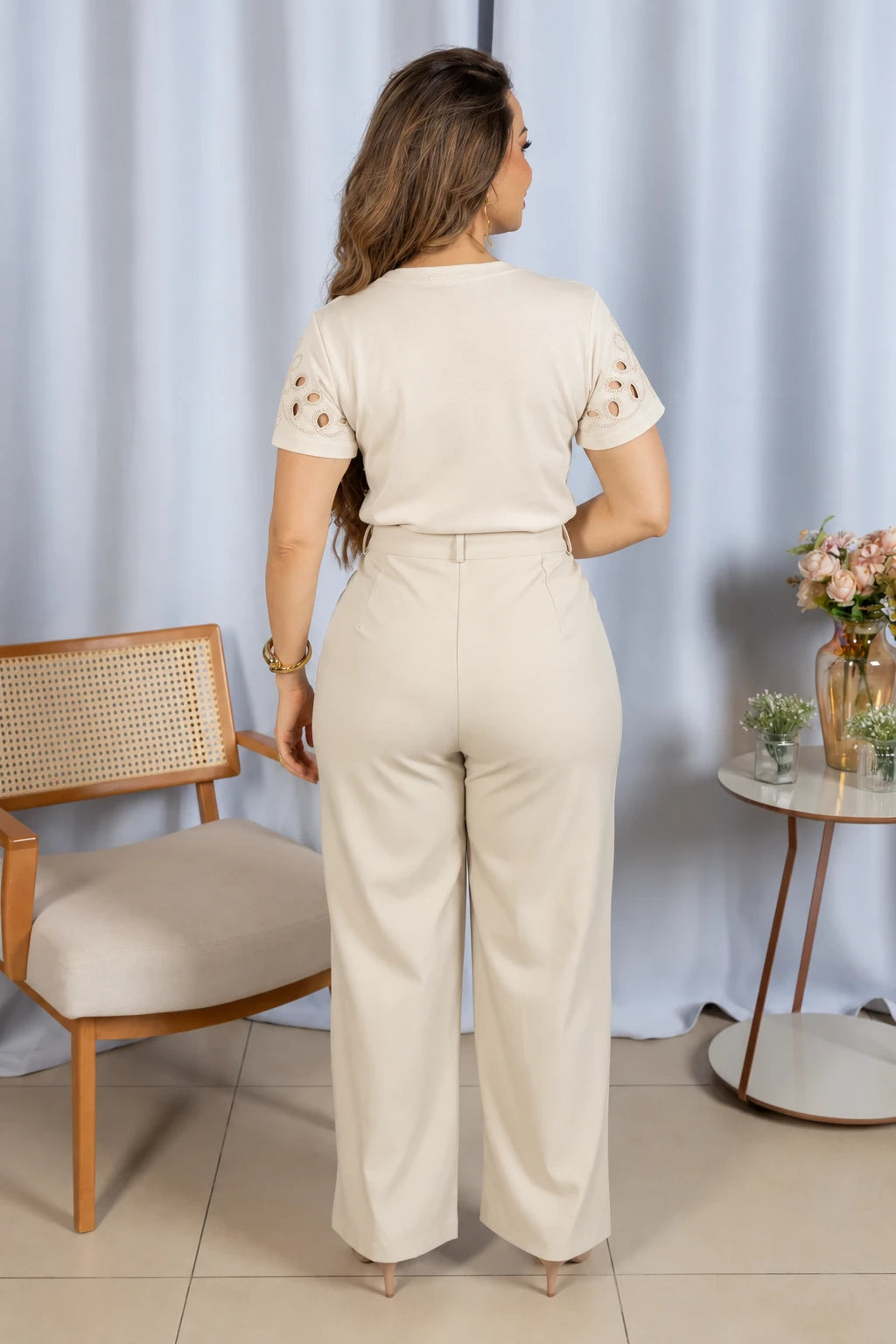 Blusa Confortável em Cotton Lycra com Manga Vazada Paula Creme - adicional 4