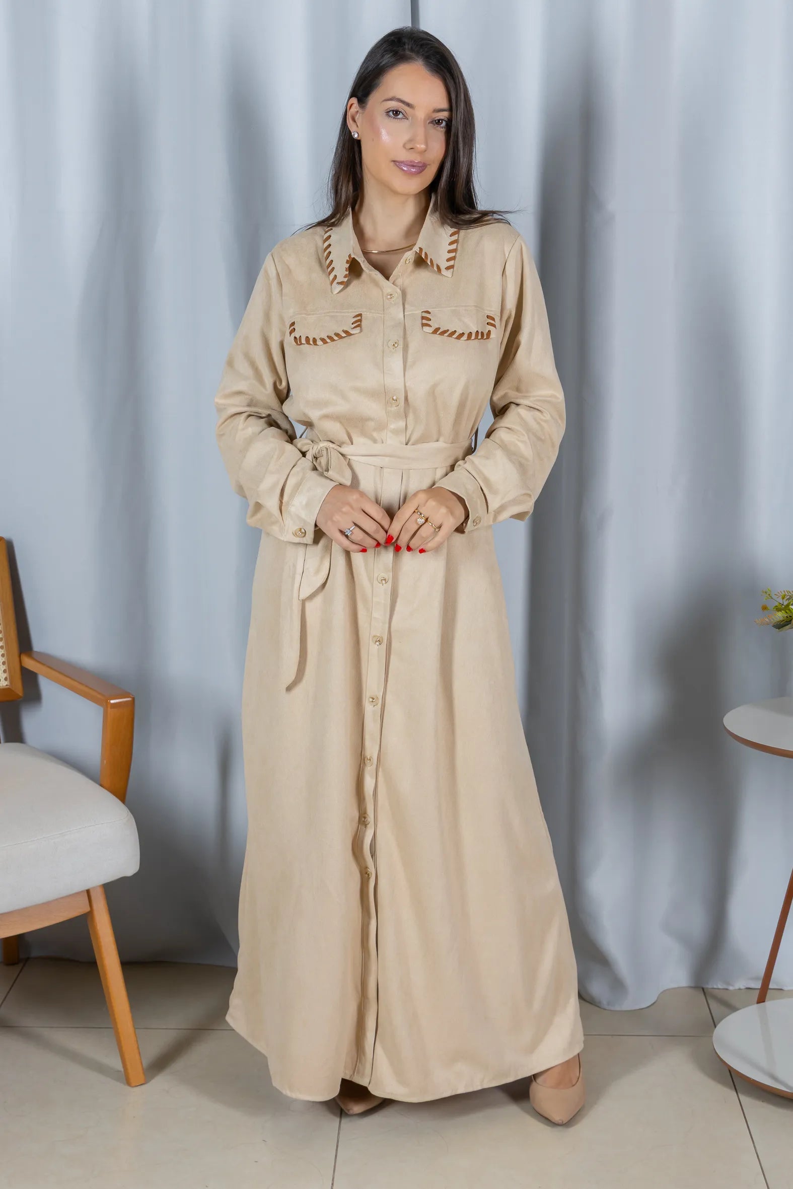 Chemise Suede Pesponto Sofisticado Luna Creme - frente principal