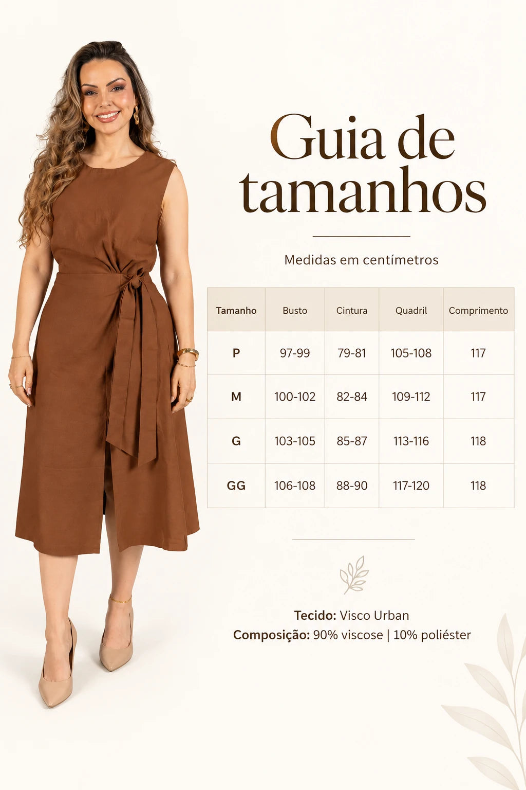 Vestido Leve em Visco Urban Cássia Marrom - tabela de medidas