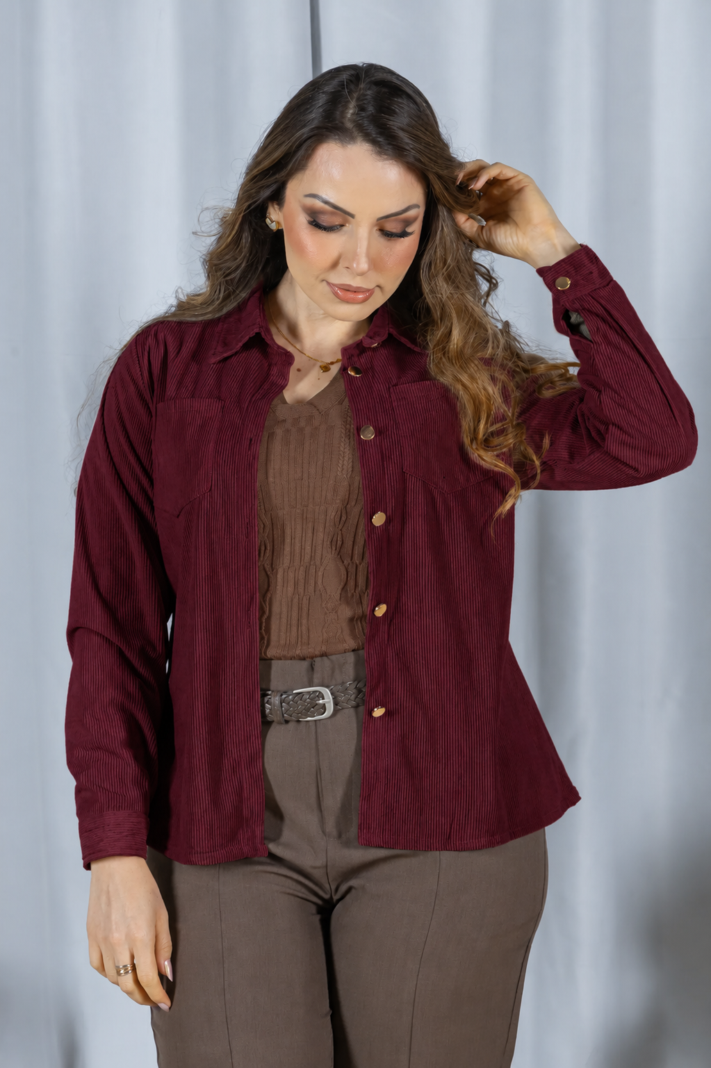 Camisa Cotelê com Bolsos Zoey Marsala