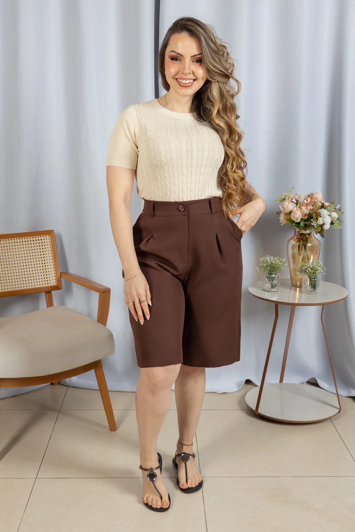 Blusa Manga Curta em Modal Canelado Tatiane Creme - adicional 1