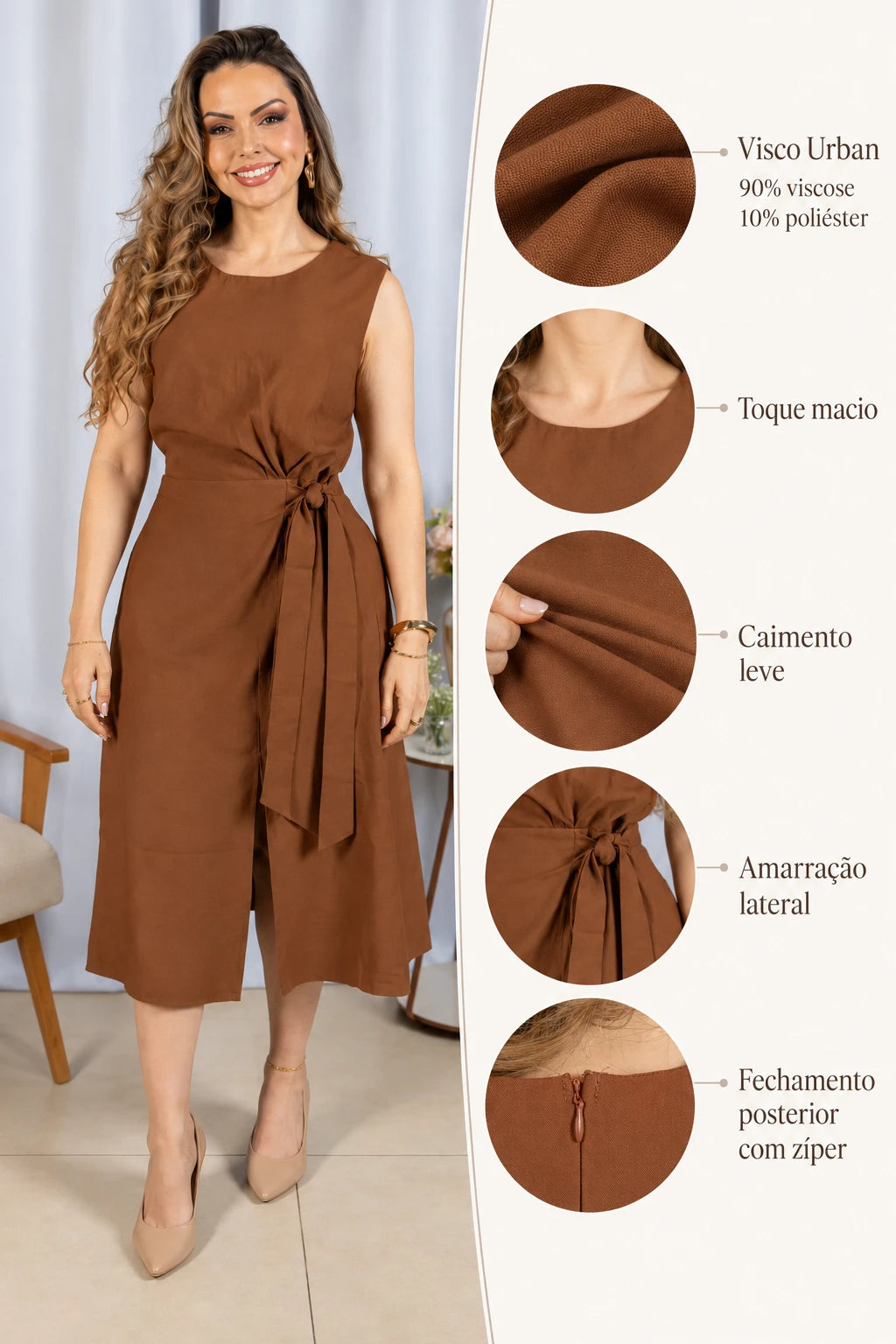 Vestido Leve em Visco Urban Cássia Marrom - benefícios