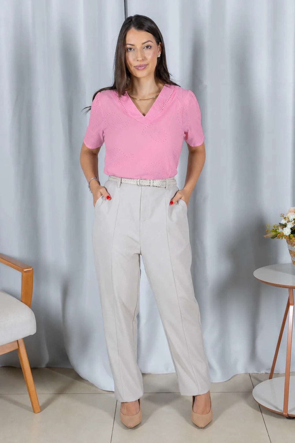 Blusa Laise com Decote V Emanuelle Rosa - variação adicional 2