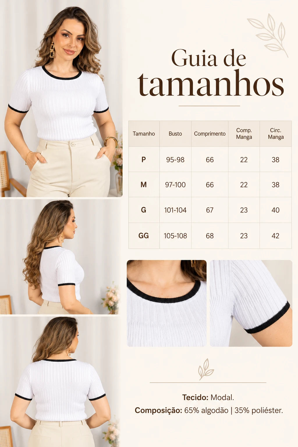 Blusa que Estica Detalhes Contrastantes Alessia Branca - tabela de medidas