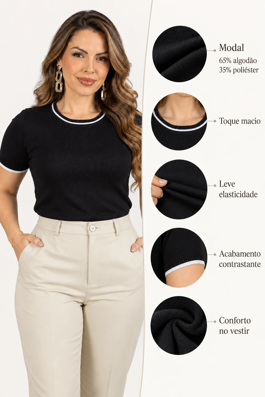 Blusa Confortável com Acabamento Contrastantes Janaína Preta - adicional 1