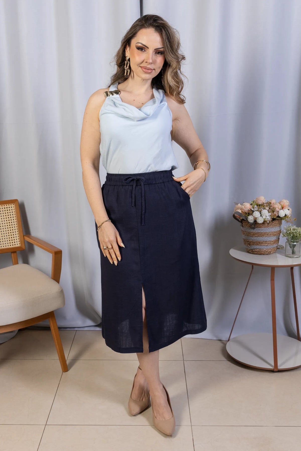 Saia Midi em Algodão Rústico Luísa Azul Marinho