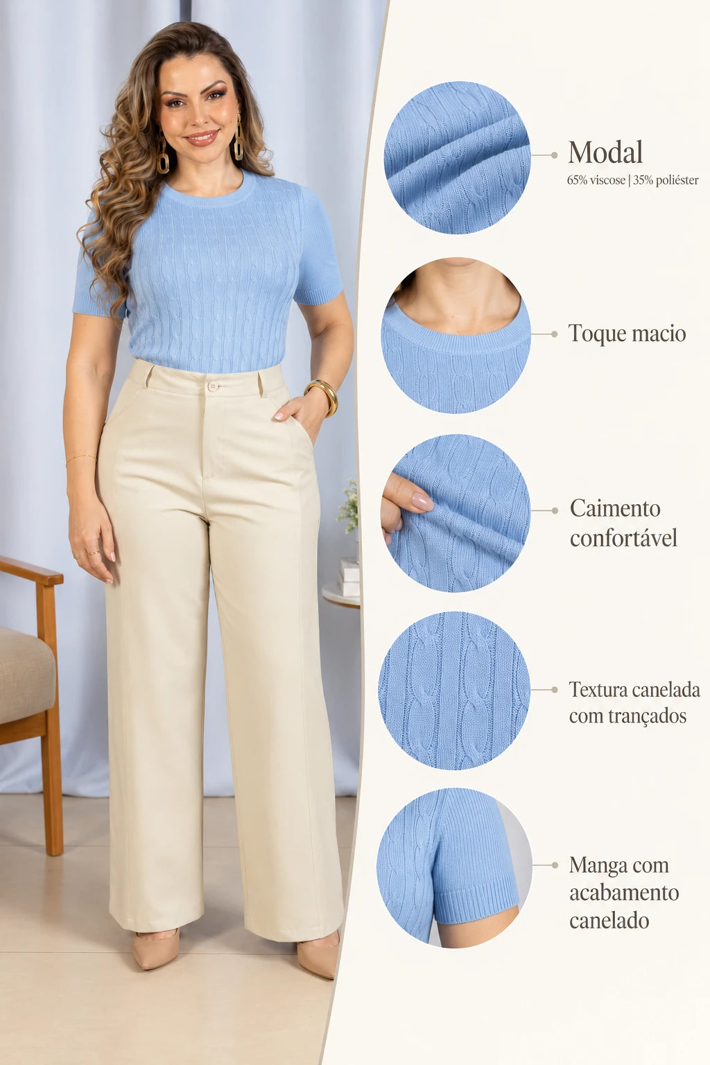 Blusa Manga Curta em Modal Canelado Tatiane Azul - frente