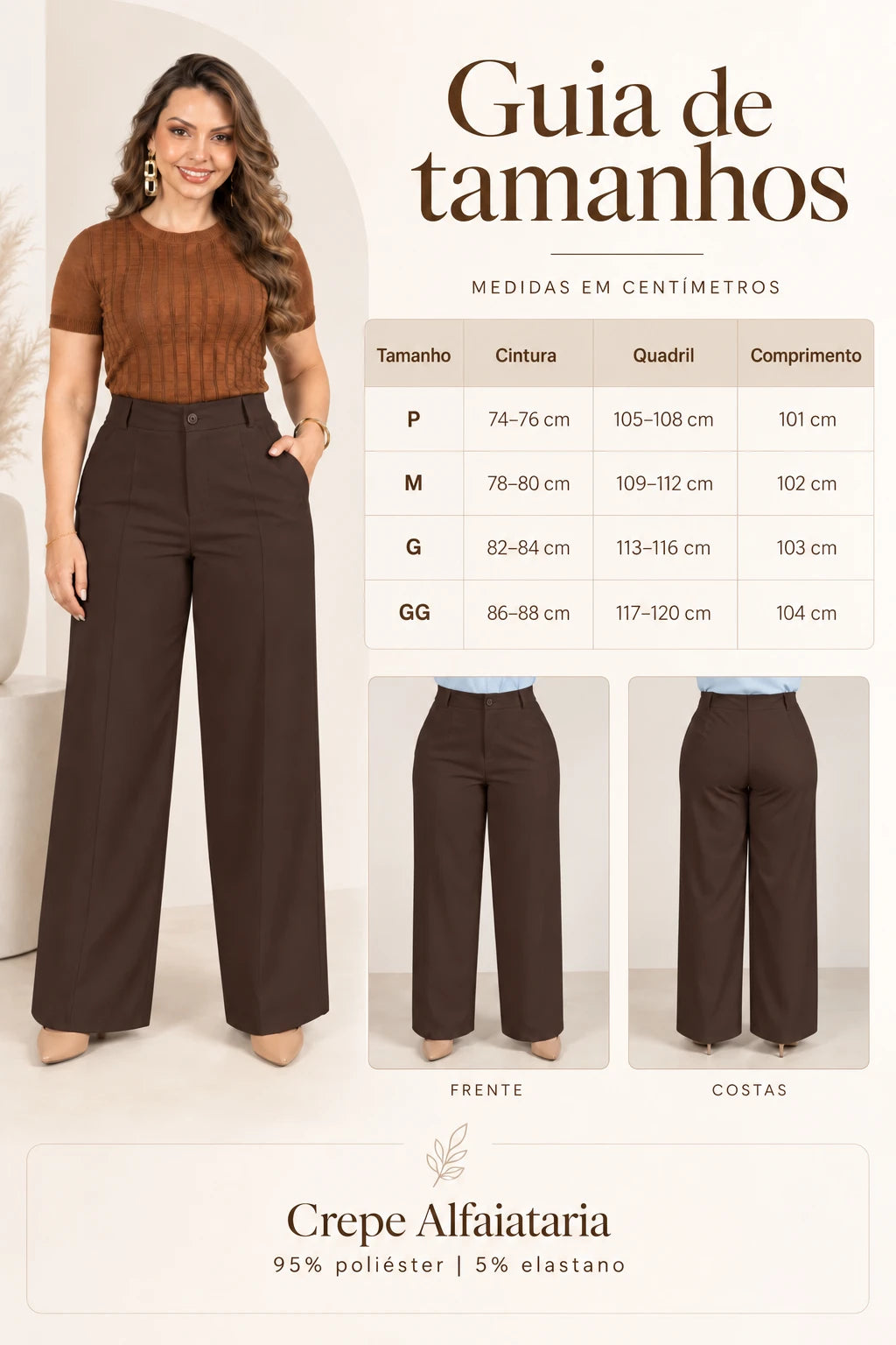 Calça Alfaiataria Corte Reto Friso Joyce Marrom - adicional 1