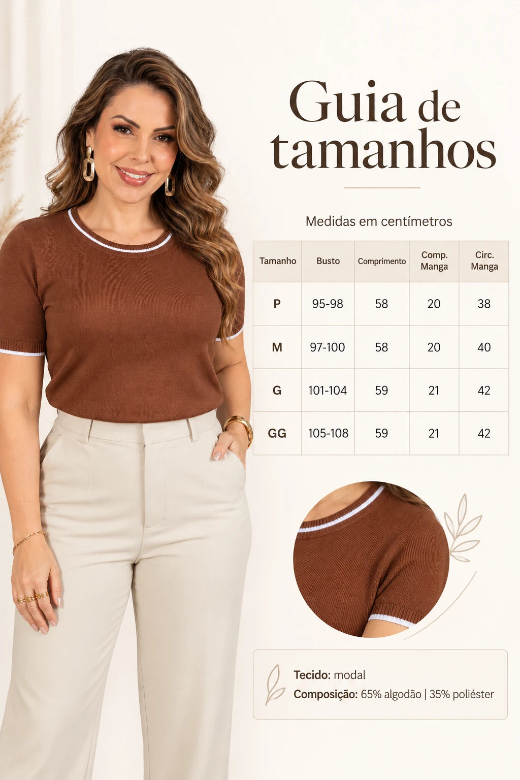Blusa Confortável com Acabamento Contrastantes Janaína Marrom - frente