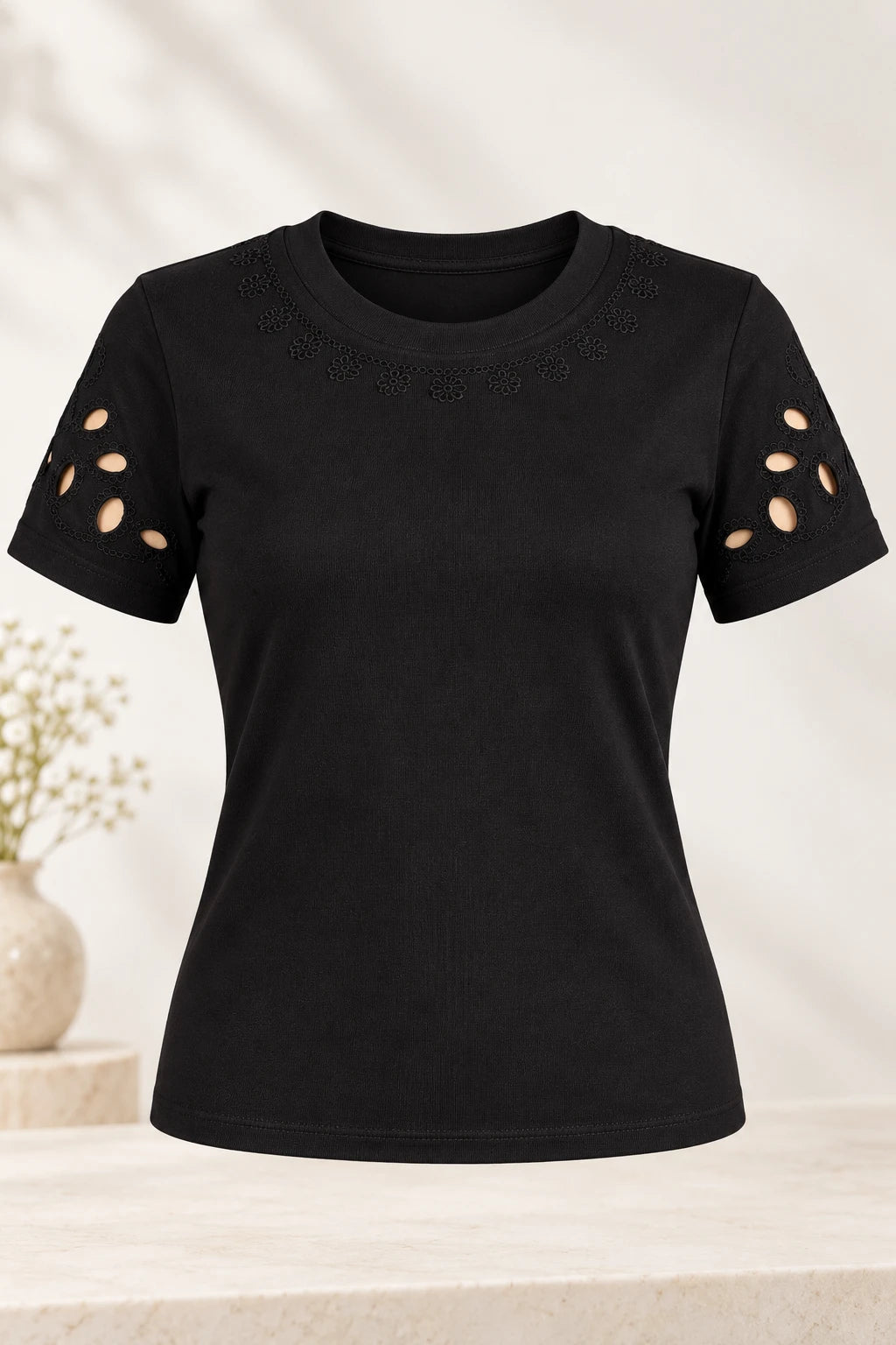 Blusa Confortável em Cotton Lycra com Manga Vazada Paula Preta - costas