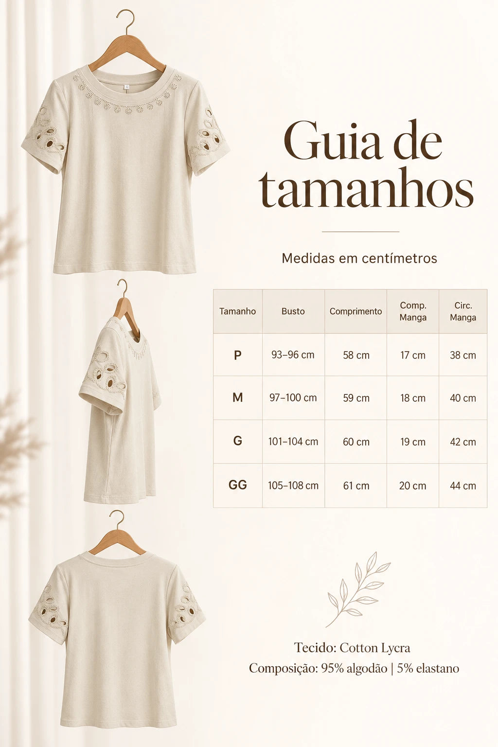 Blusa Confortável em Cotton Lycra com Manga Vazada Paula Creme - tabela de medidas