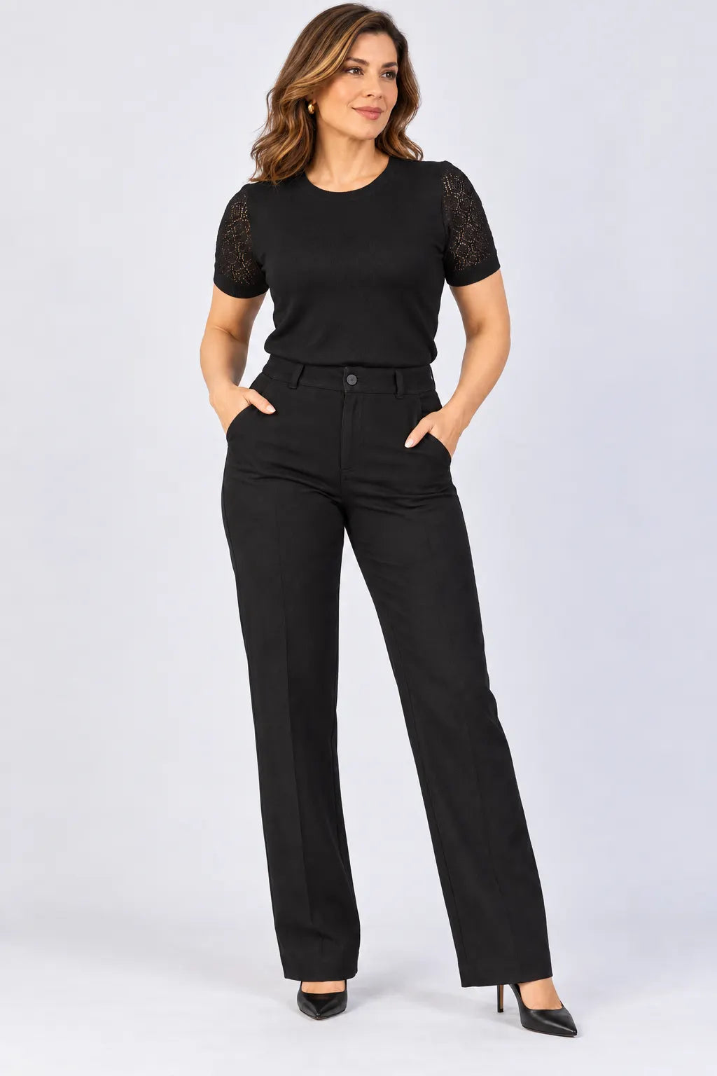 Blusa Manga Curta Modal Renda Efeito Crochê Jordana Preta