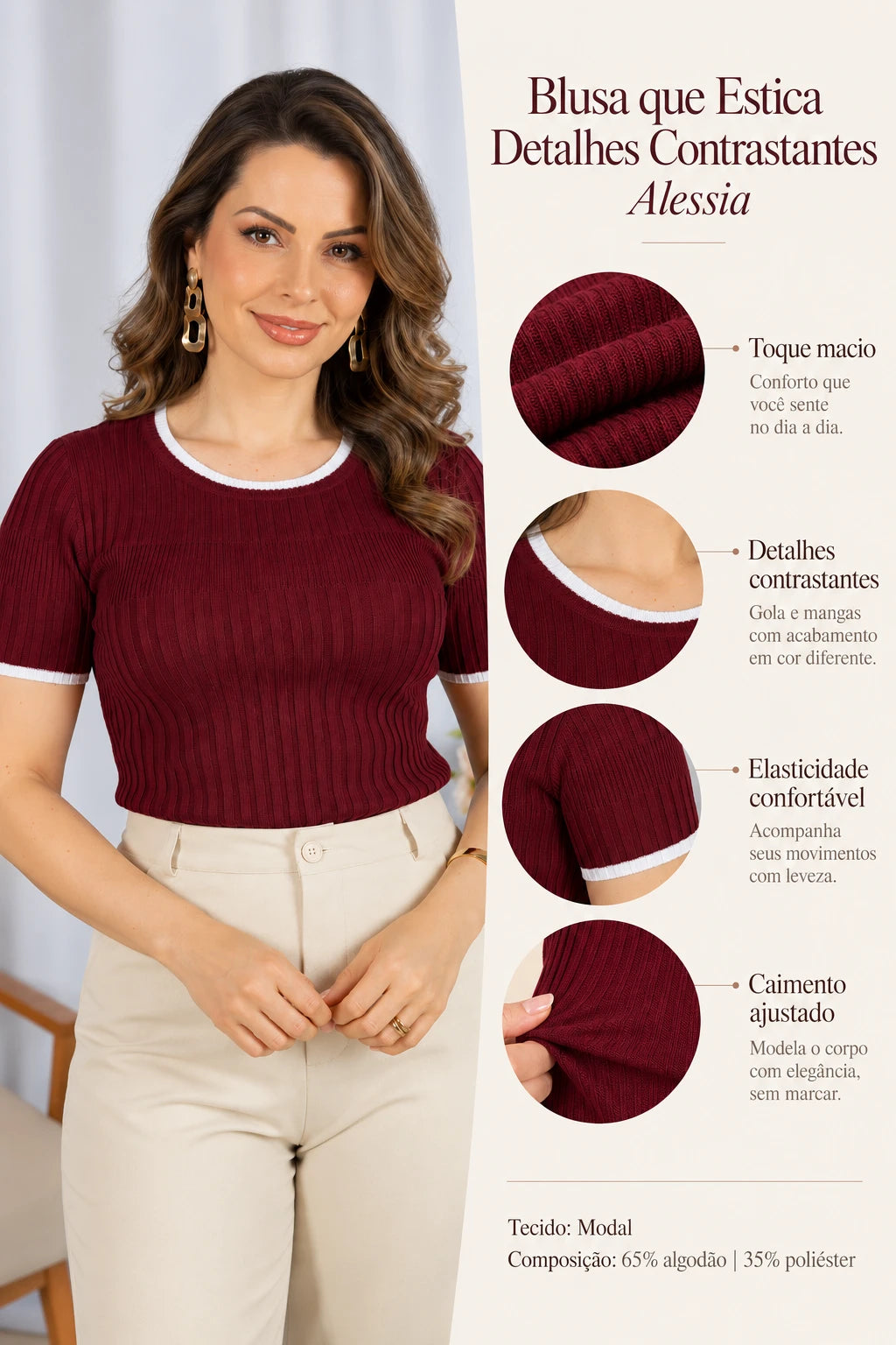 Blusa que Estica Detalhes Contrastantes Alessia Marsala - adicional 1