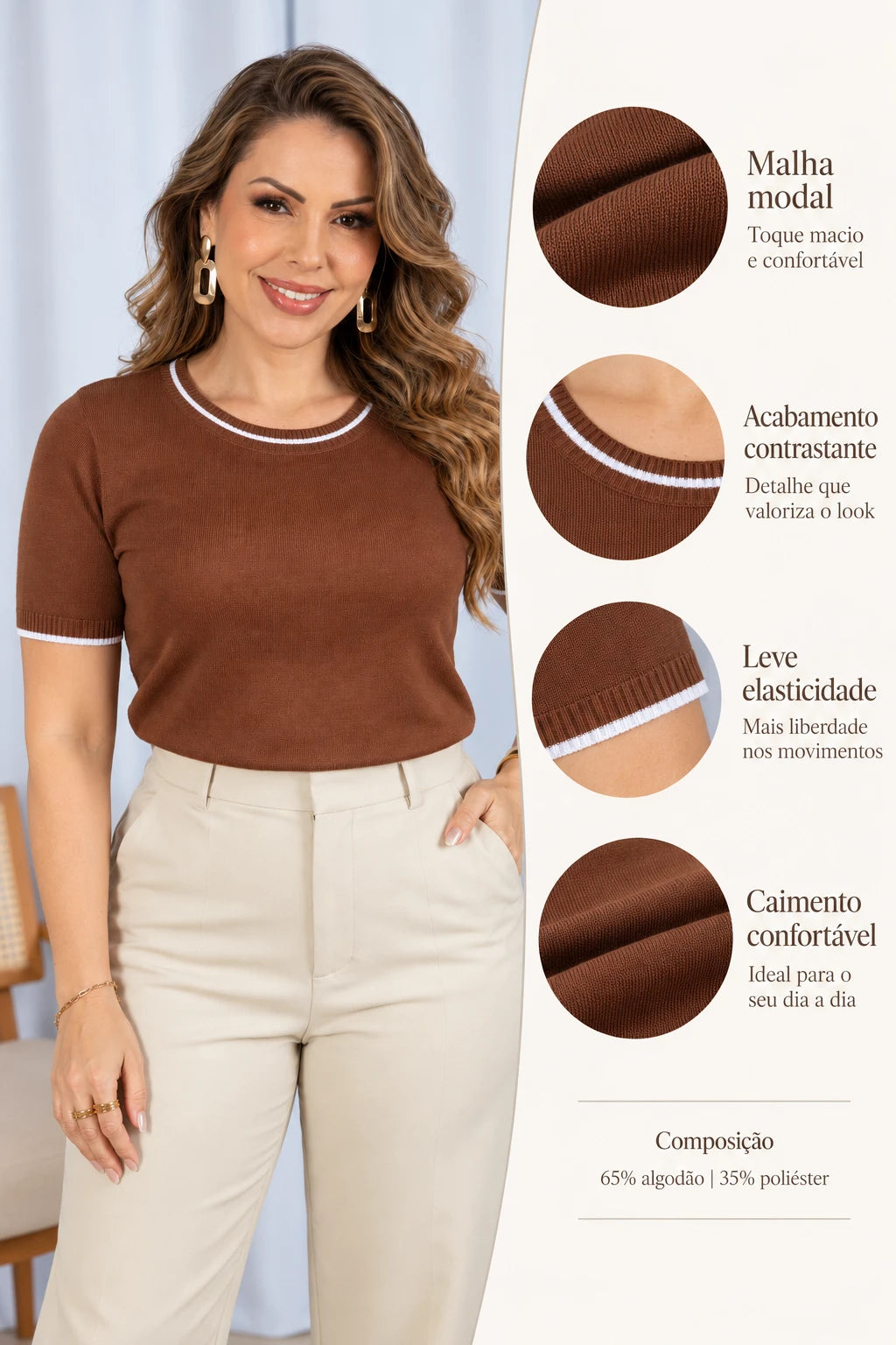 Blusa Confortável com Acabamento Contrastantes Janaína Marrom - adicional 1